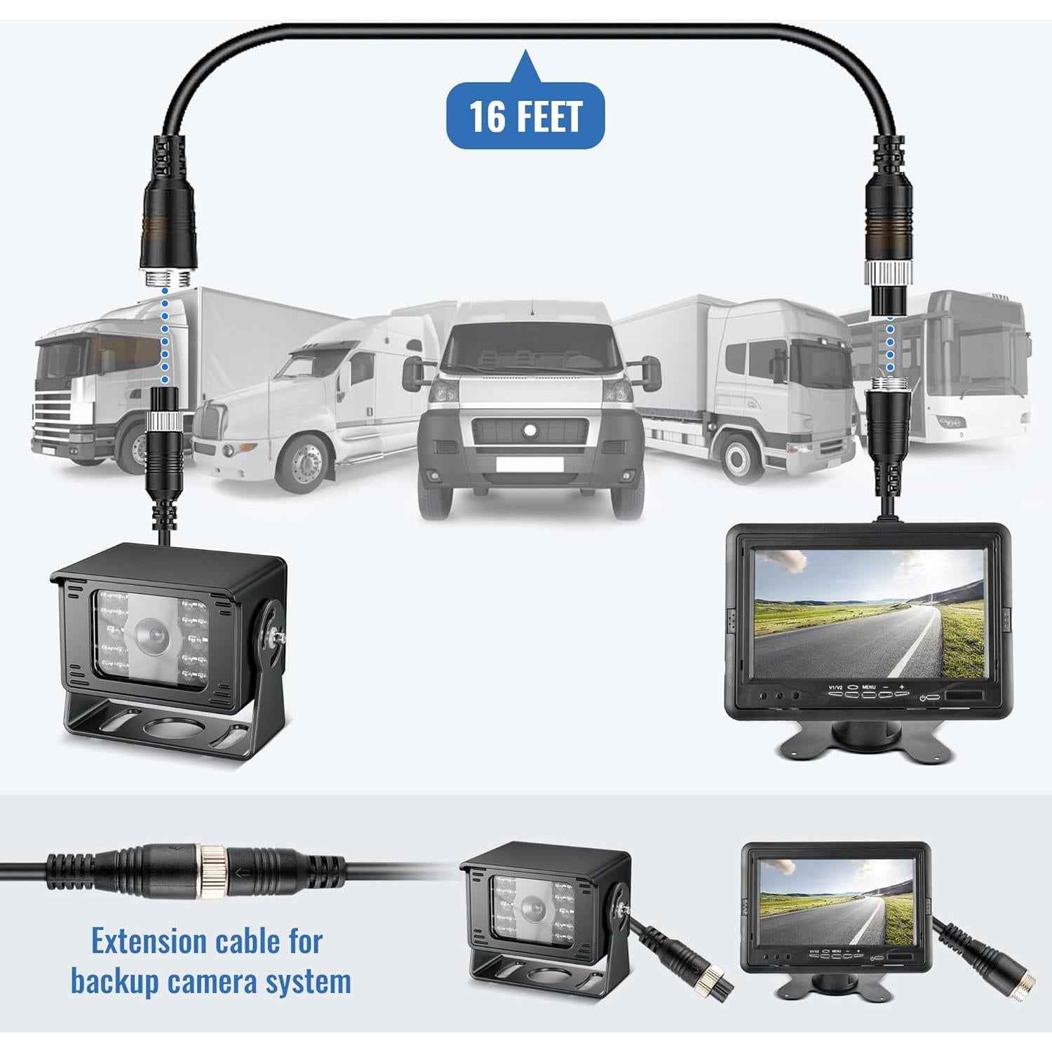 EWAY 4 Pin Aviation Extension Cable (16FT/5M) Backup Camera Cord Car Video 4PIN Aviation Connector Wire for Vehicle Car Camper Bus Van Truck Motorhome Trailer RV Reverse Rearview Monitor CCTV System