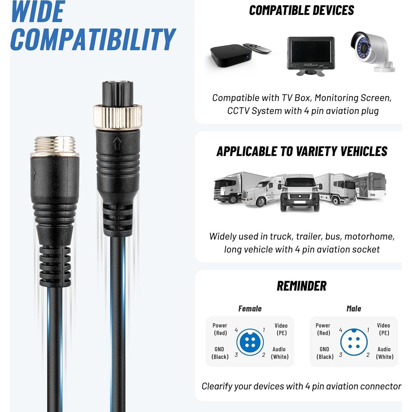 EWAY 4 Pin Aviation Extension Cable (16FT/5M) Backup Camera Cord Car Video 4PIN Aviation Connector Wire for Vehicle Car Camper Bus Van Truck Motorhome Trailer RV Reverse Rearview Monitor CCTV System