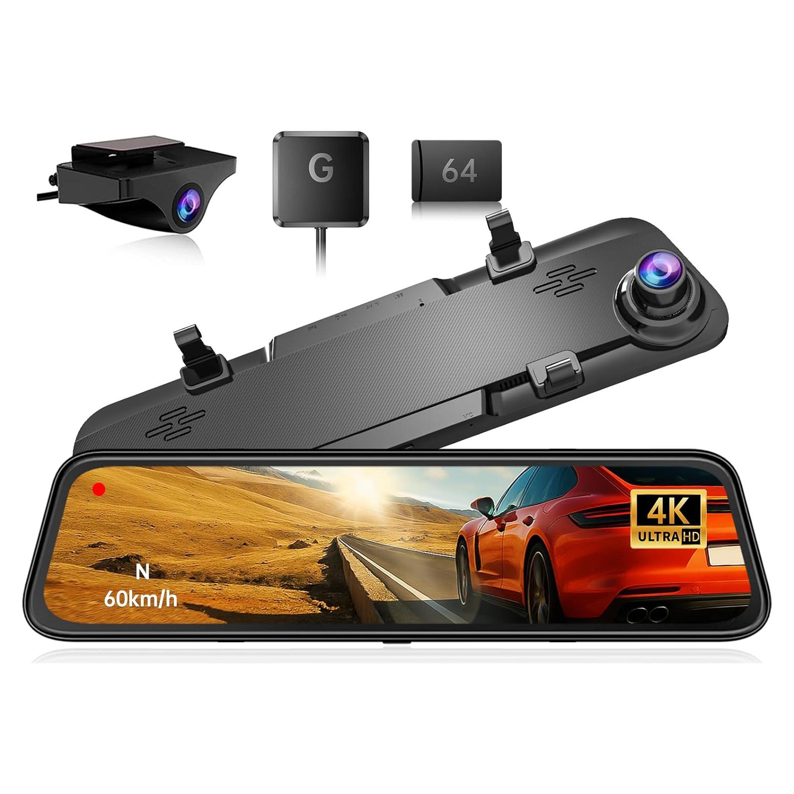 JOMISE 4K 12" Rear View Mirror Camera, 2160P Full HD Rearview Mirror, Mirror Dash Cam Front and Rear, Waterproof Backup WDR Camera, Night Vision, Parking Assist, Speed Alert, 64GB Card Included- K17