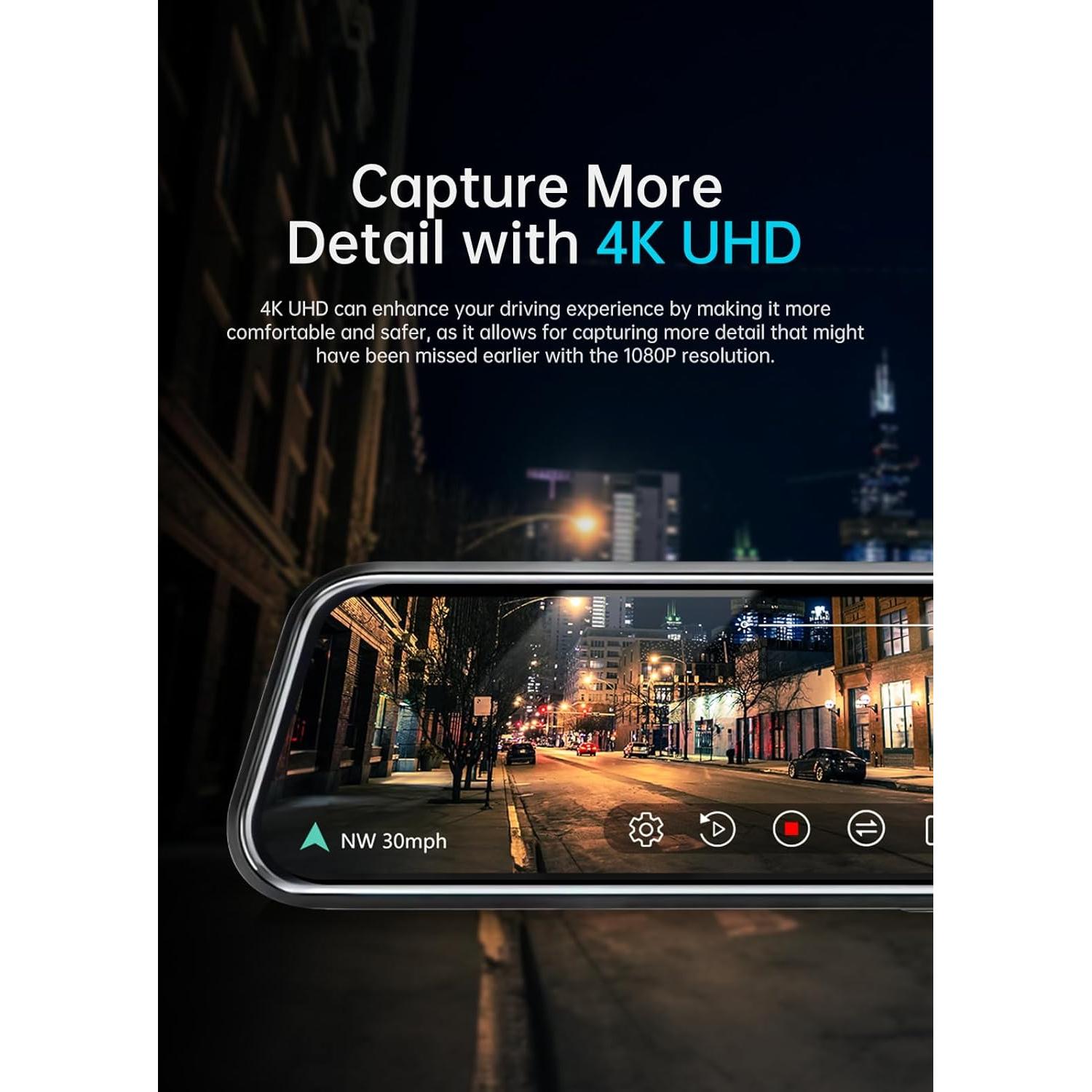 JOMISE 4K 12" Rear View Mirror Camera, 2160P Full HD Rearview Mirror, Mirror Dash Cam Front and Rear, Waterproof Backup WDR Camera, Night Vision, Parking Assist, Speed Alert, 64GB Card Included- K17