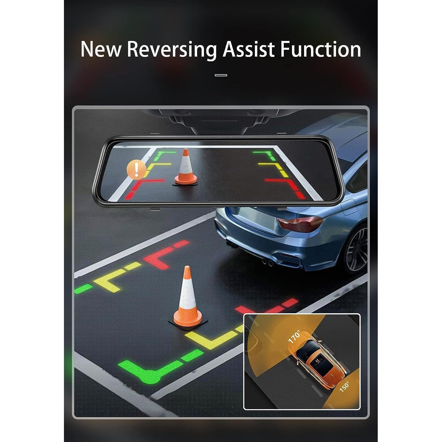 JOMISE 4K 12" Rear View Mirror Camera, 2160P Full HD Rearview Mirror, Mirror Dash Cam Front and Rear, Waterproof Backup WDR Camera, Night Vision, Parking Assist, Speed Alert, 64GB Card Included- K17