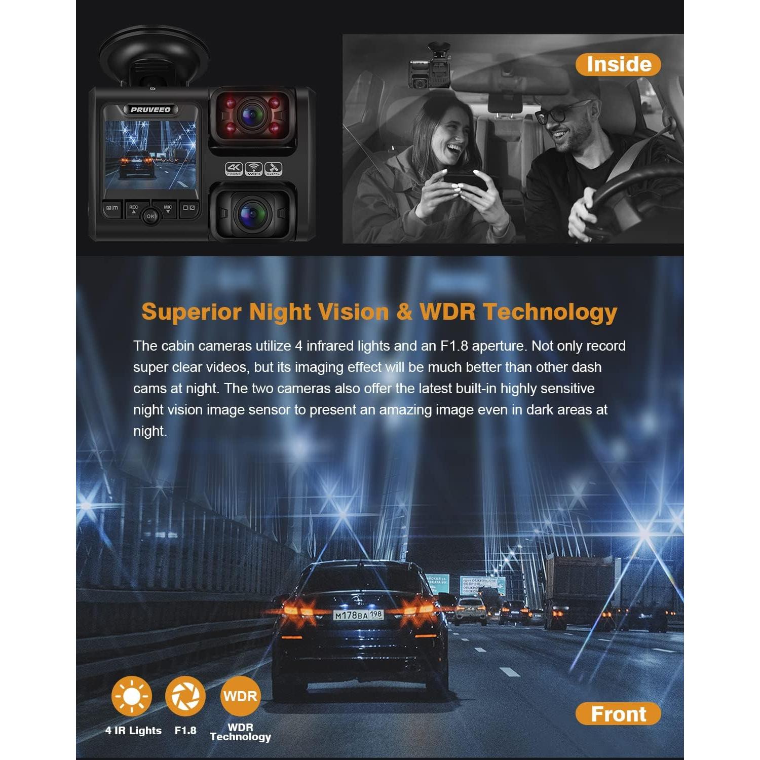 Cámara Dash Pruveeo D30H Doble FHD 1080P con WiFi y Visión Nocturna