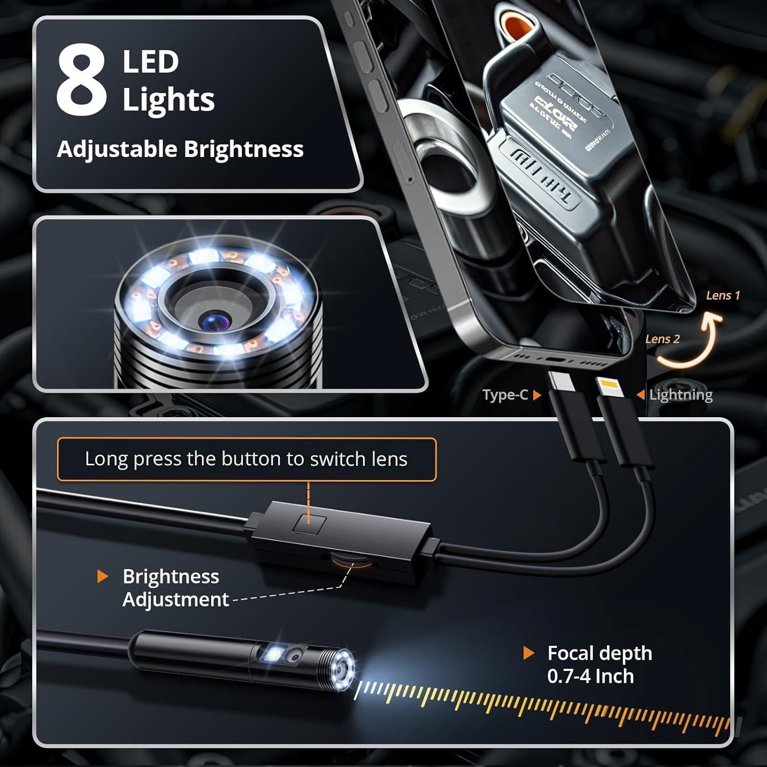 Borescopio Doble Lente Fulljion 5m HD 1920P con Luz LED