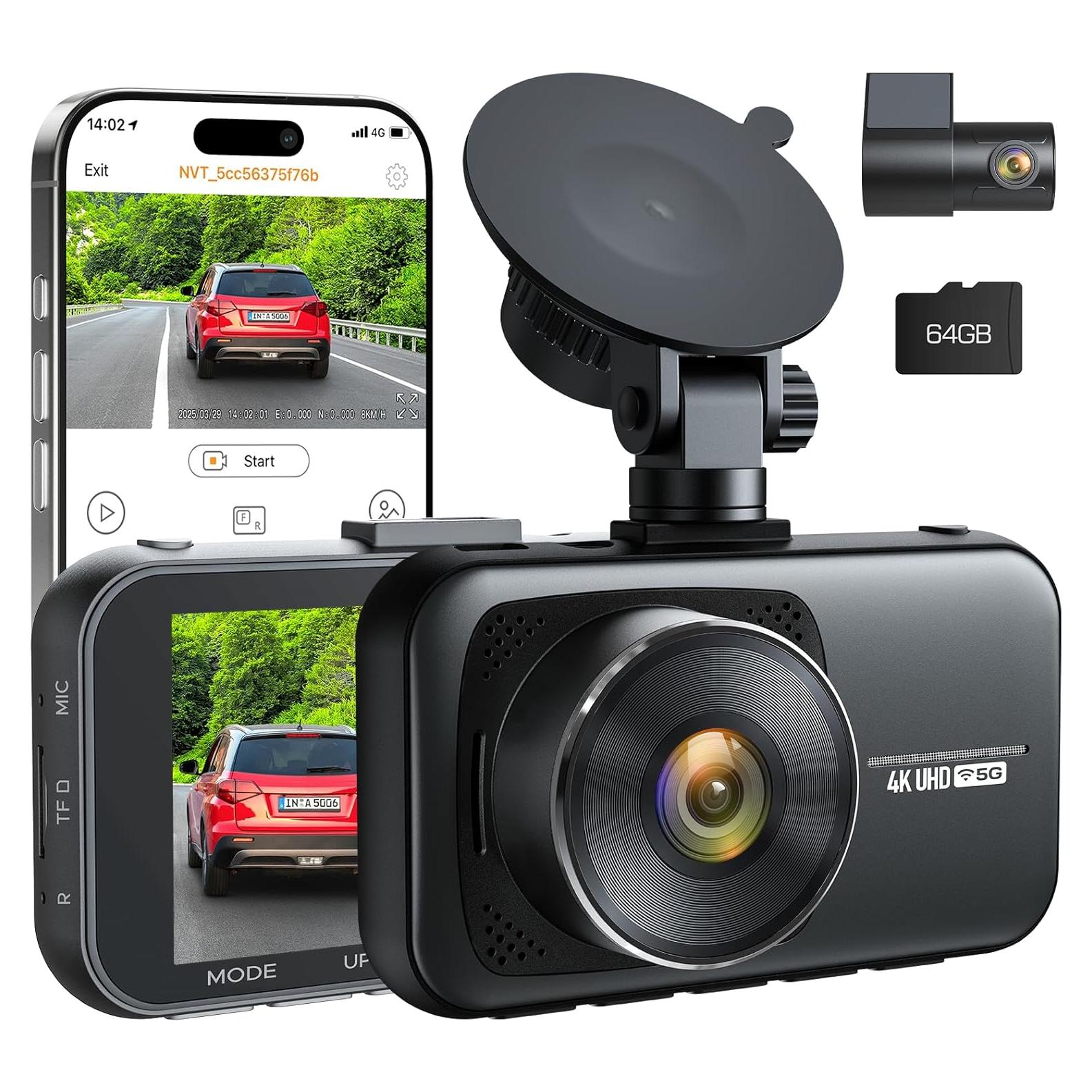 LAMTTO 4K Dash Cam Front and Rear Wireless – Dual Dash Camera with 5G WiFi APP Control Night Vision G-Sensor Loop Recording Parking Monitor Wide Angle 64GB SD Card