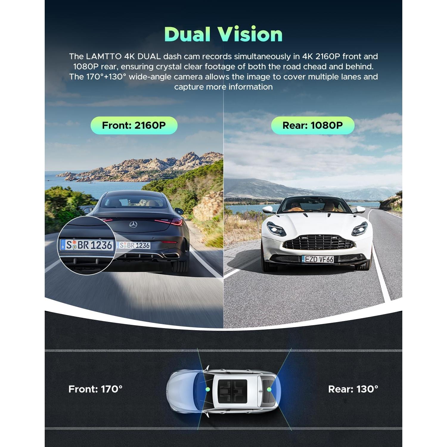 LAMTTO 4K Dash Cam Front and Rear Wireless – Dual Dash Camera with 5G WiFi APP Control Night Vision G-Sensor Loop Recording Parking Monitor Wide Angle 64GB SD Card