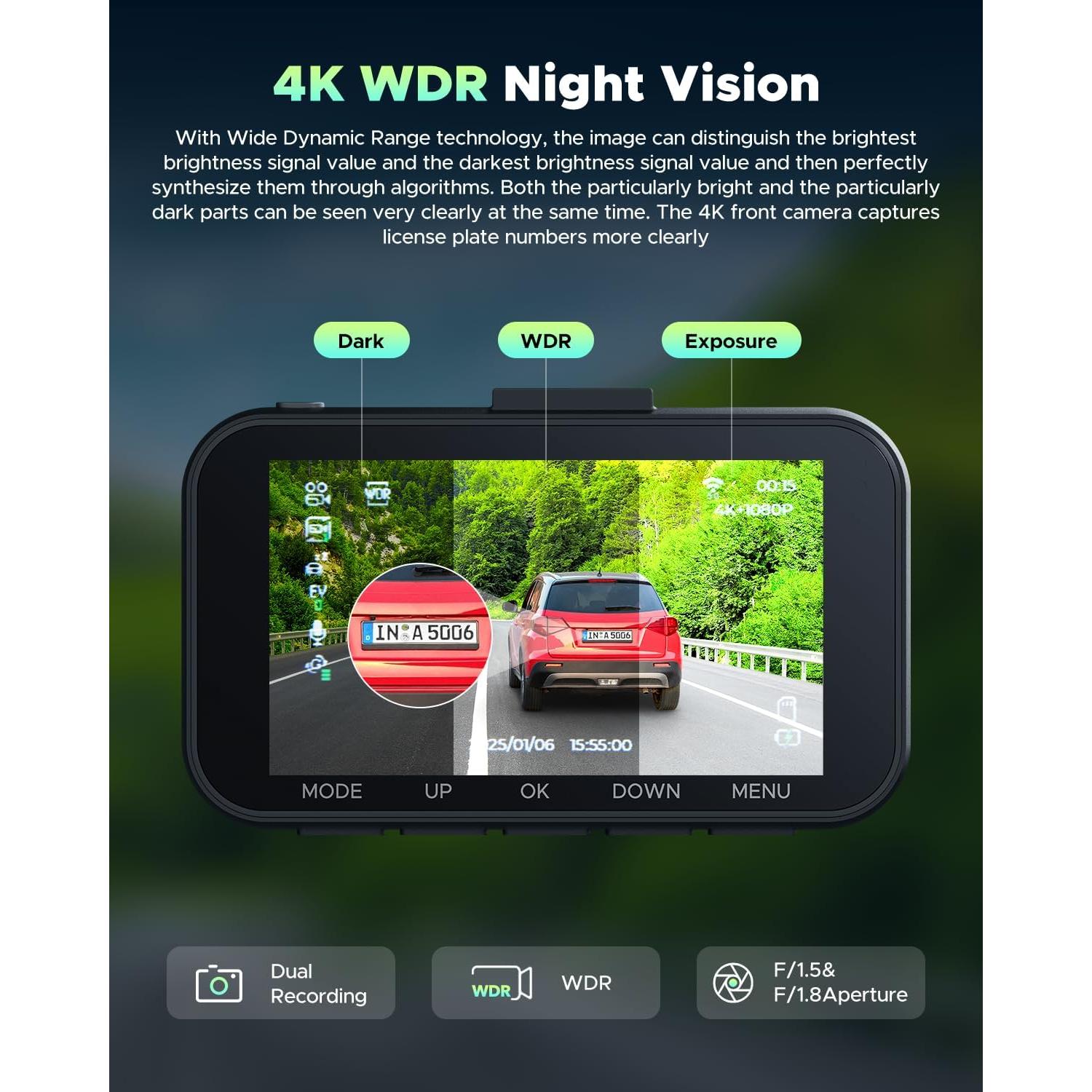 LAMTTO 4K Dash Cam Front and Rear Wireless – Dual Dash Camera with 5G WiFi APP Control Night Vision G-Sensor Loop Recording Parking Monitor Wide Angle 64GB SD Card