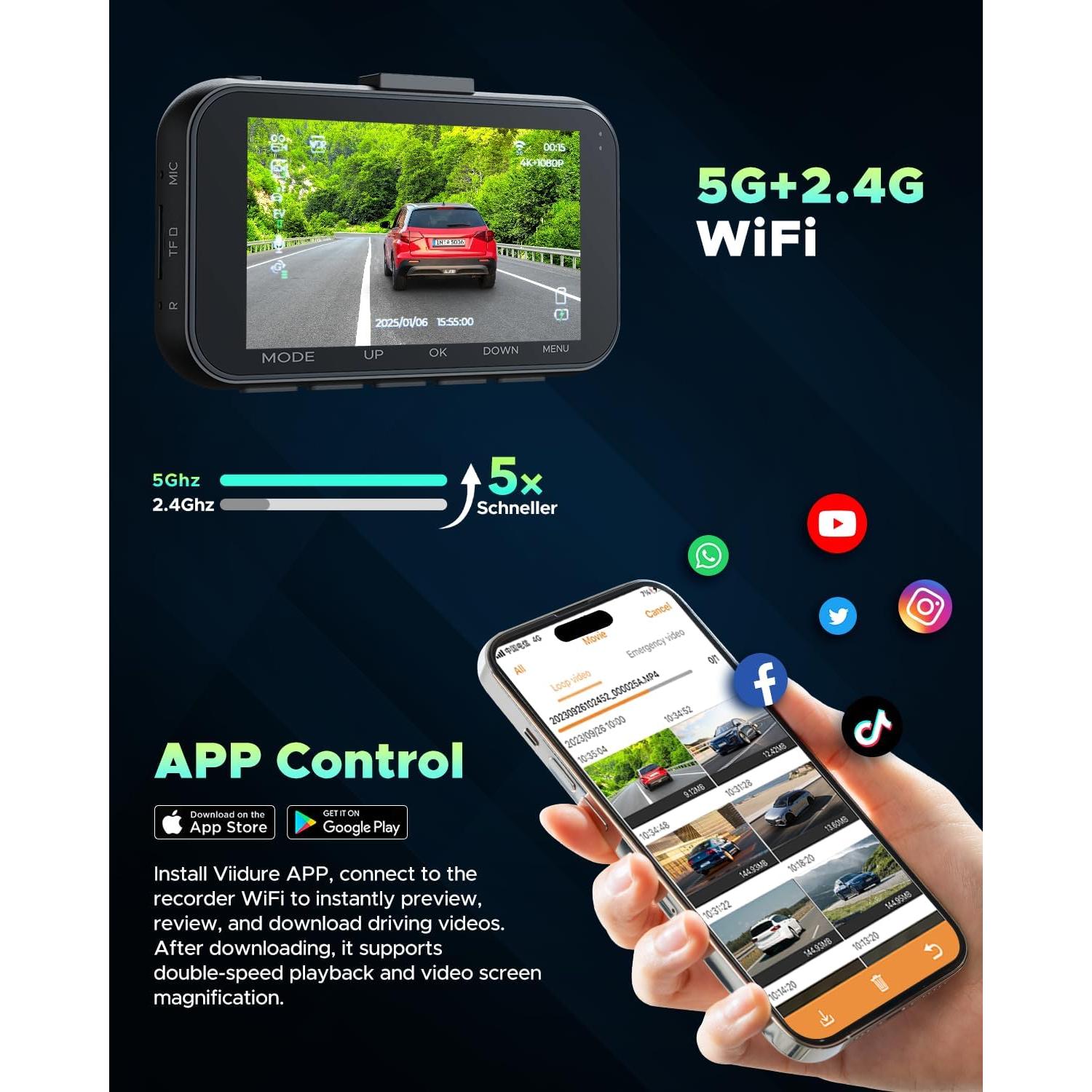 LAMTTO 4K Dash Cam Front and Rear Wireless – Dual Dash Camera with 5G WiFi APP Control Night Vision G-Sensor Loop Recording Parking Monitor Wide Angle 64GB SD Card