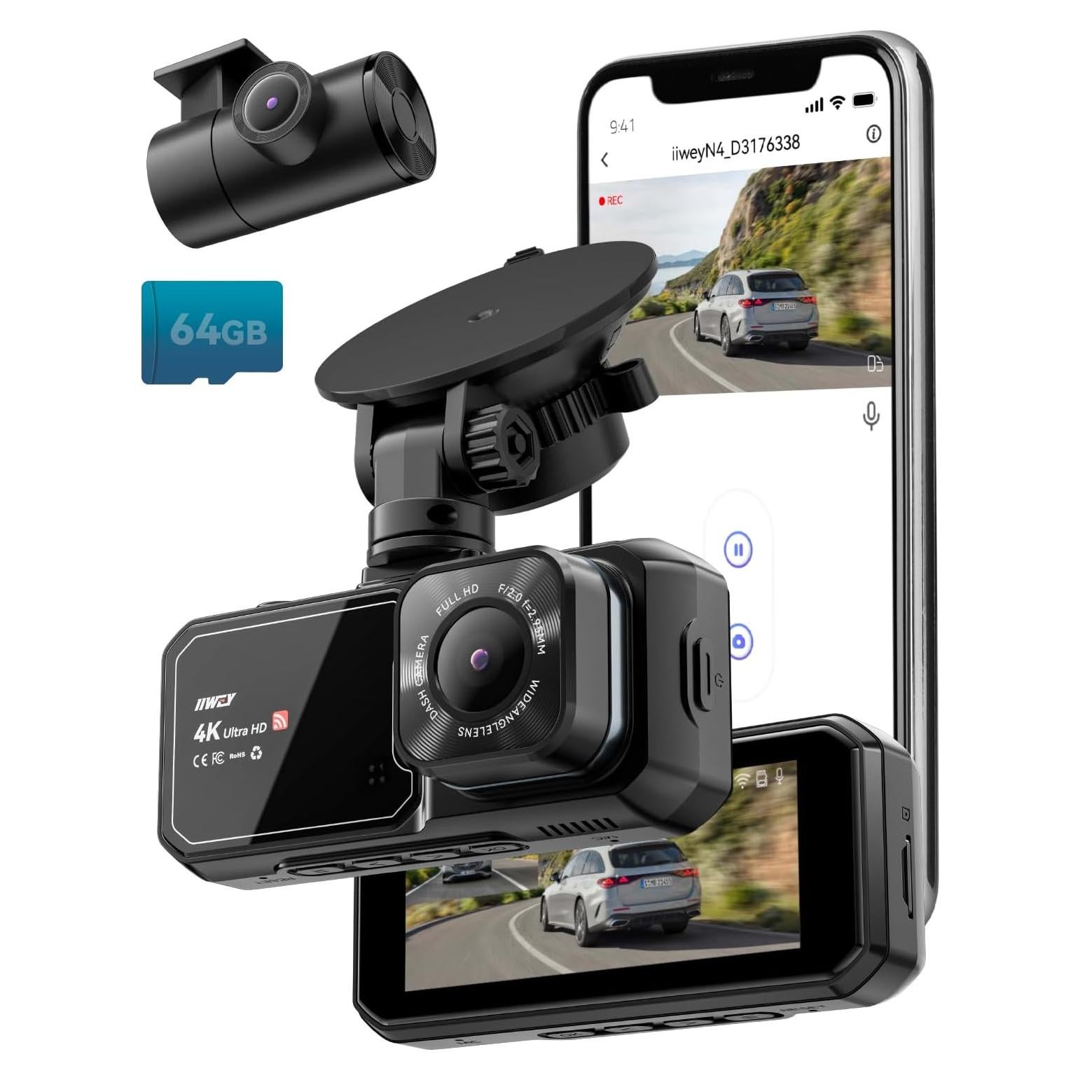 Cámara Dash IIWEY N4 4K Delantera y 1080P Trasera con WiFi