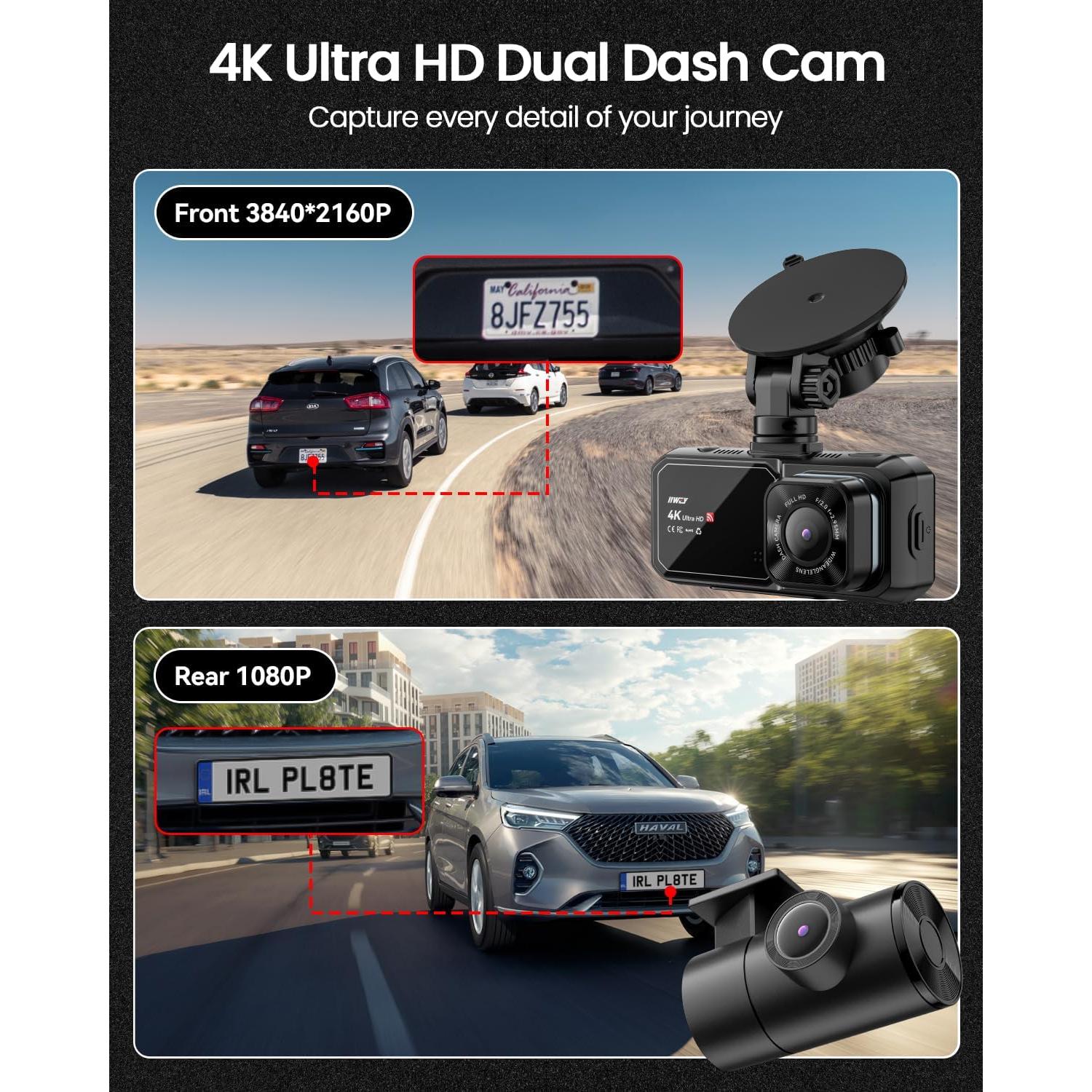 Cámara Dash IIWEY N4 4K Delantera y 1080P Trasera con WiFi