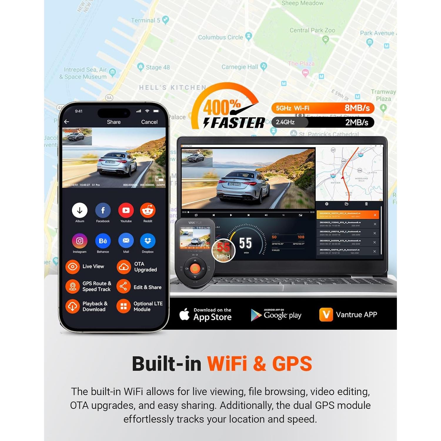 Cámara de Salpicadero Doble Vantrue S1 Pro 2.7K GPS WiFi