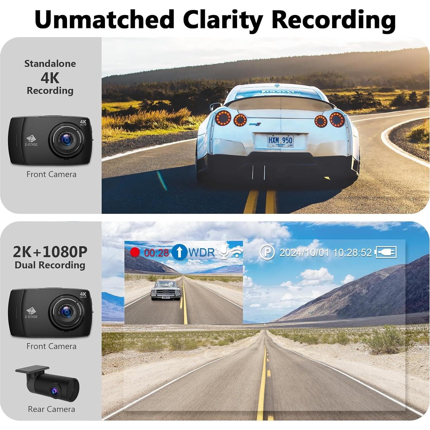 Cámara de tablero Z-Edge T4 Dual 4K 2K WiFi G-Sensor