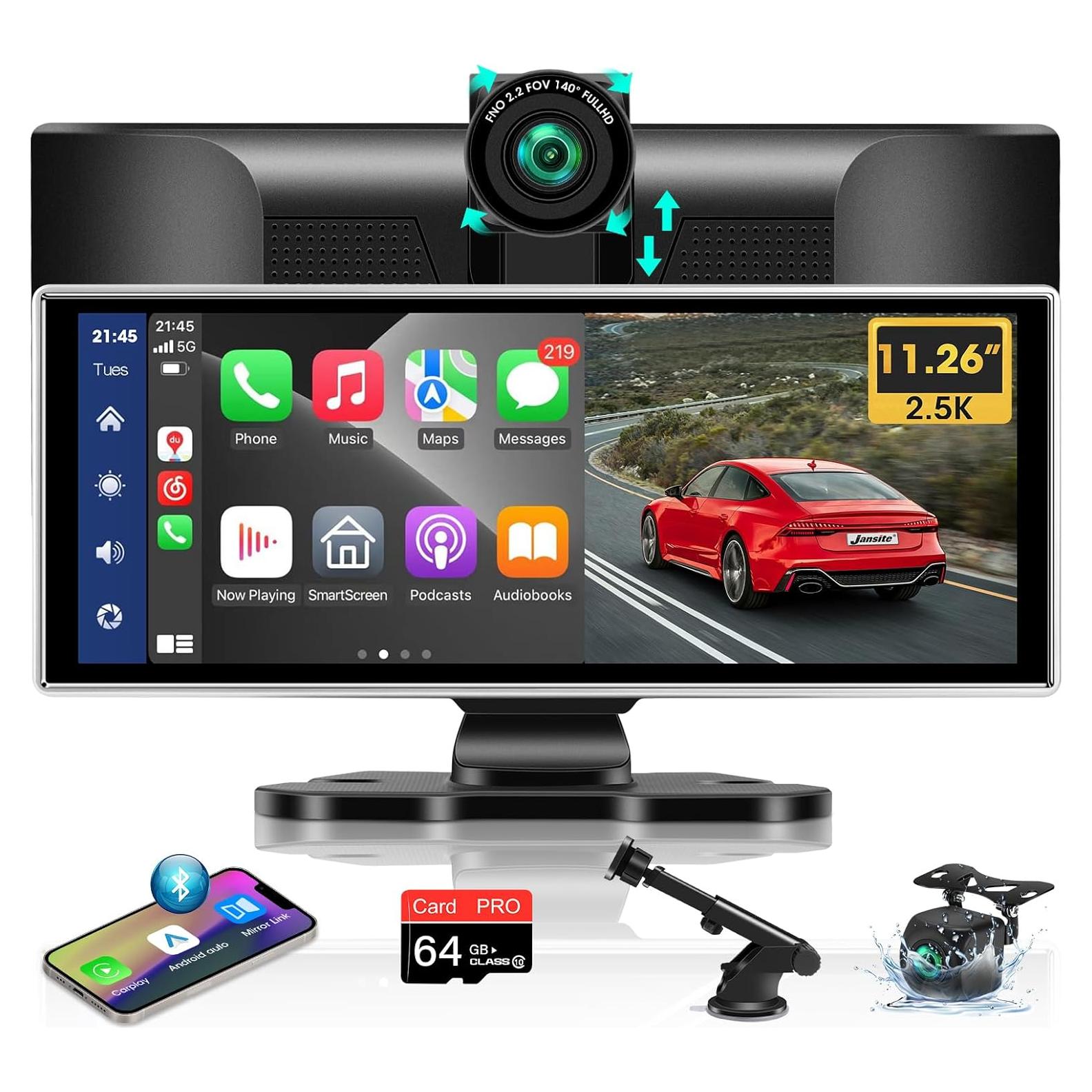 Largest 11.26'' Apple Carplay Screen for Car w 2.5K Dash Cam 1080P Backup Camera Android Auto Screen Wireless Apple Car Play Screen for Navigation Voice Control Mirror Link Dual Bluetooth AUX FM