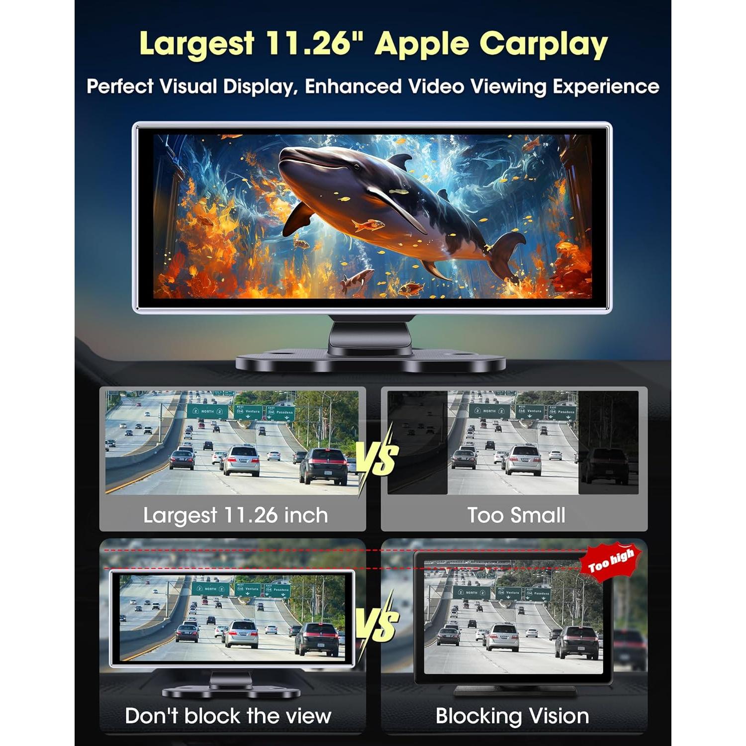 Largest 11.26'' Apple Carplay Screen for Car w 2.5K Dash Cam 1080P Backup Camera Android Auto Screen Wireless Apple Car Play Screen for Navigation Voice Control Mirror Link Dual Bluetooth AUX FM