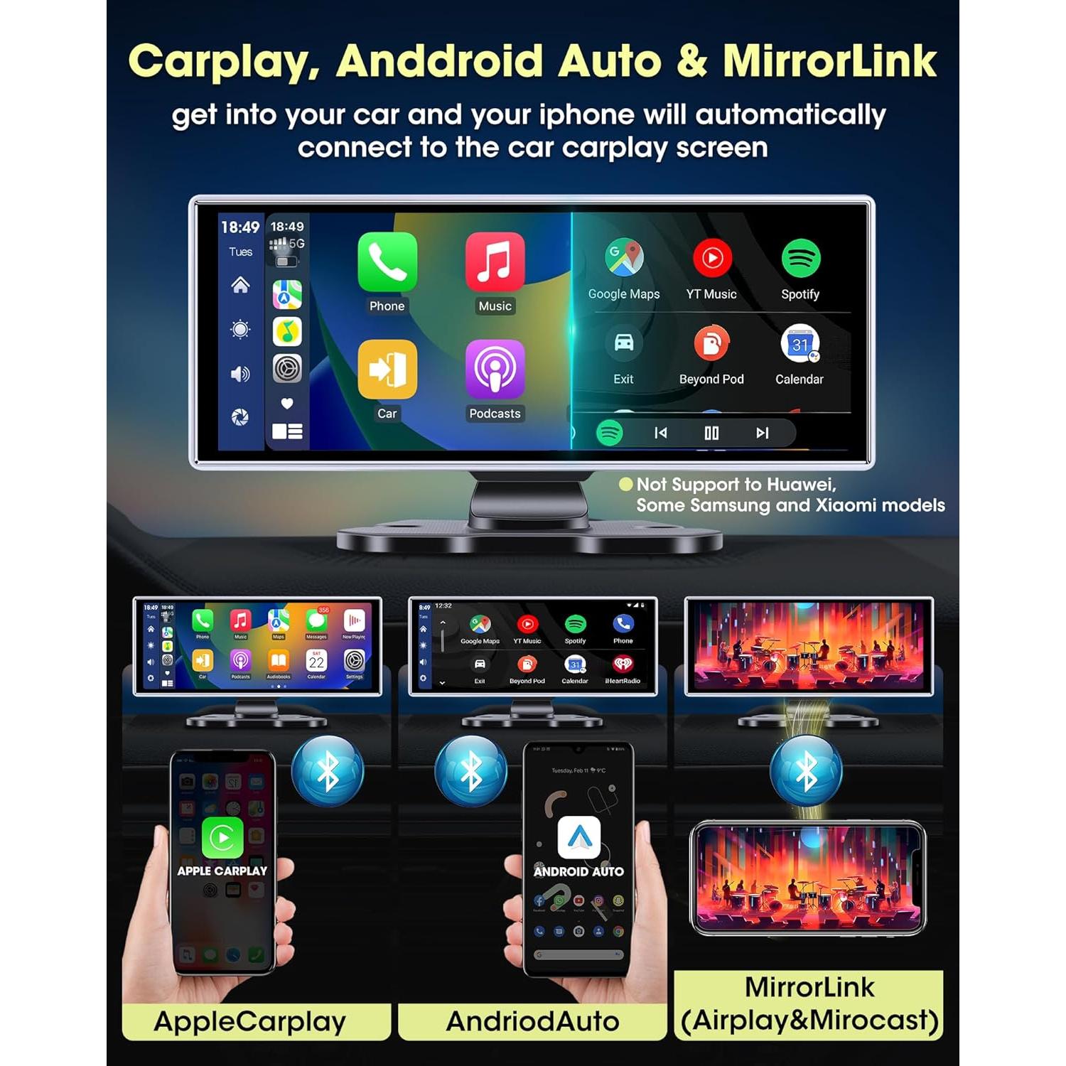 Largest 11.26'' Apple Carplay Screen for Car w 2.5K Dash Cam 1080P Backup Camera Android Auto Screen Wireless Apple Car Play Screen for Navigation Voice Control Mirror Link Dual Bluetooth AUX FM