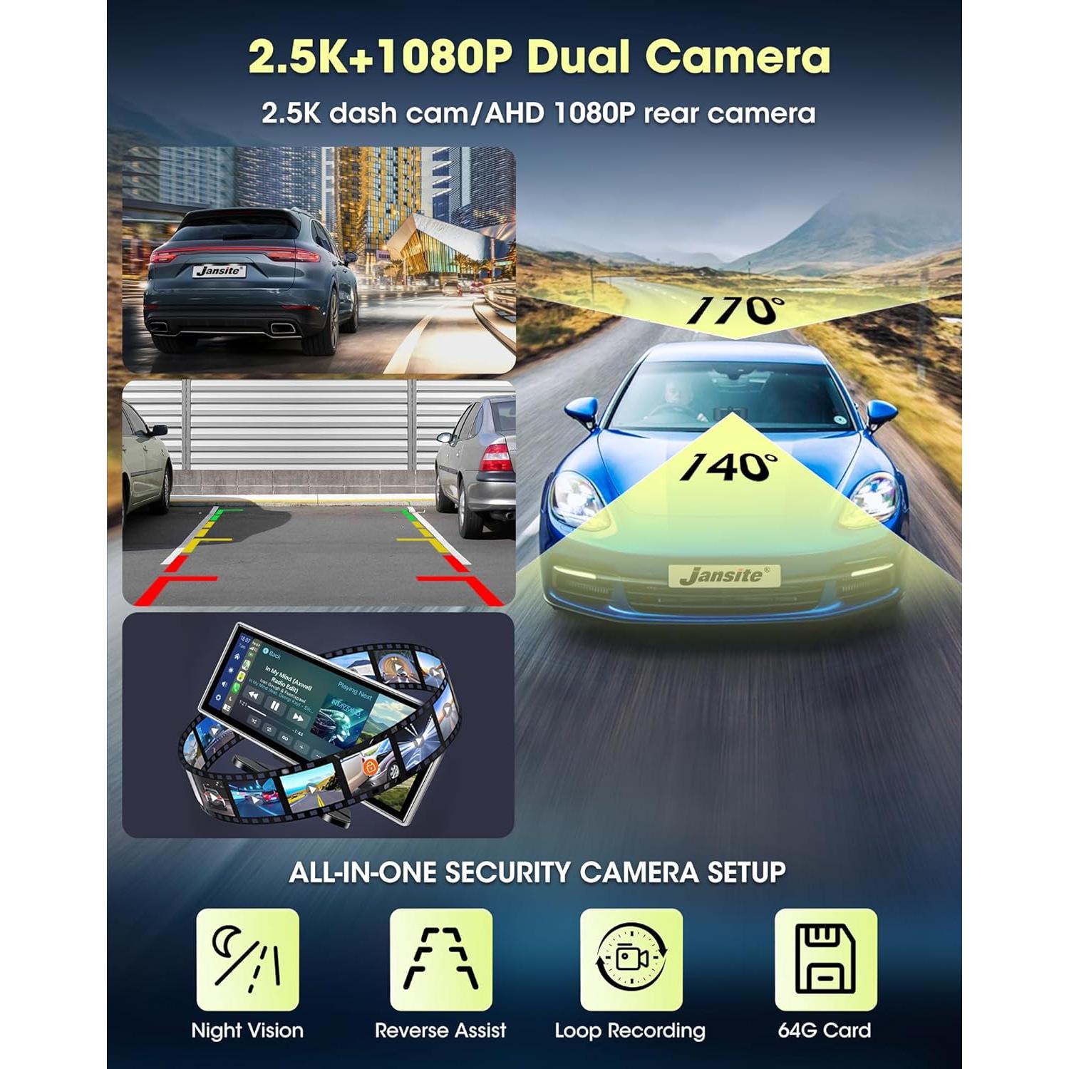 Largest 11.26'' Apple Carplay Screen for Car w 2.5K Dash Cam 1080P Backup Camera Android Auto Screen Wireless Apple Car Play Screen for Navigation Voice Control Mirror Link Dual Bluetooth AUX FM