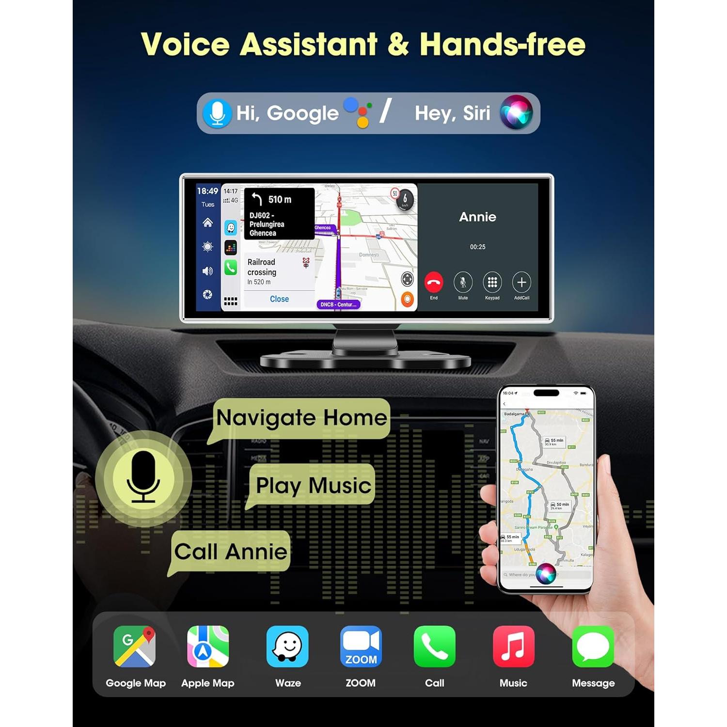 Largest 11.26'' Apple Carplay Screen for Car w 2.5K Dash Cam 1080P Backup Camera Android Auto Screen Wireless Apple Car Play Screen for Navigation Voice Control Mirror Link Dual Bluetooth AUX FM
