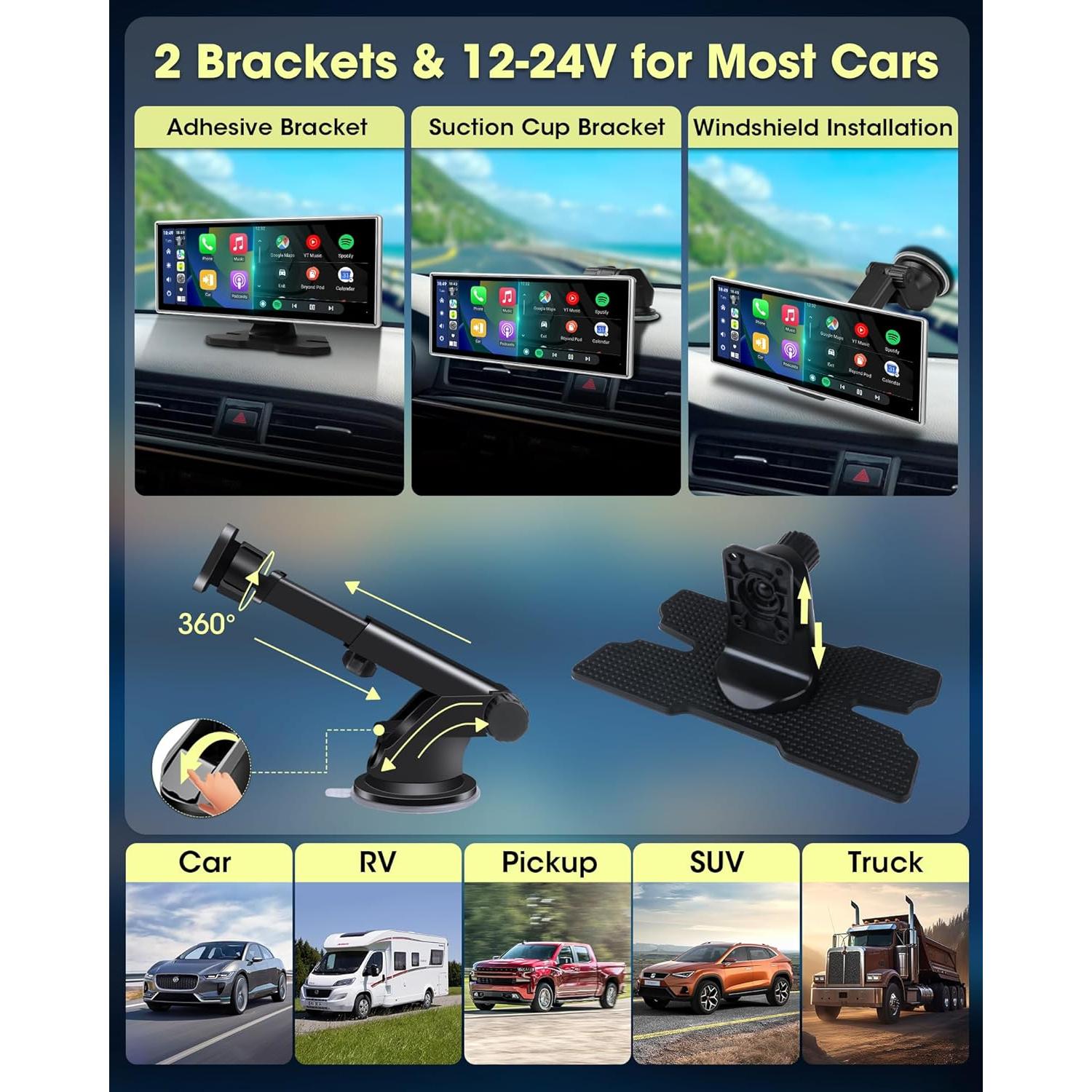 Largest 11.26'' Apple Carplay Screen for Car w 2.5K Dash Cam 1080P Backup Camera Android Auto Screen Wireless Apple Car Play Screen for Navigation Voice Control Mirror Link Dual Bluetooth AUX FM