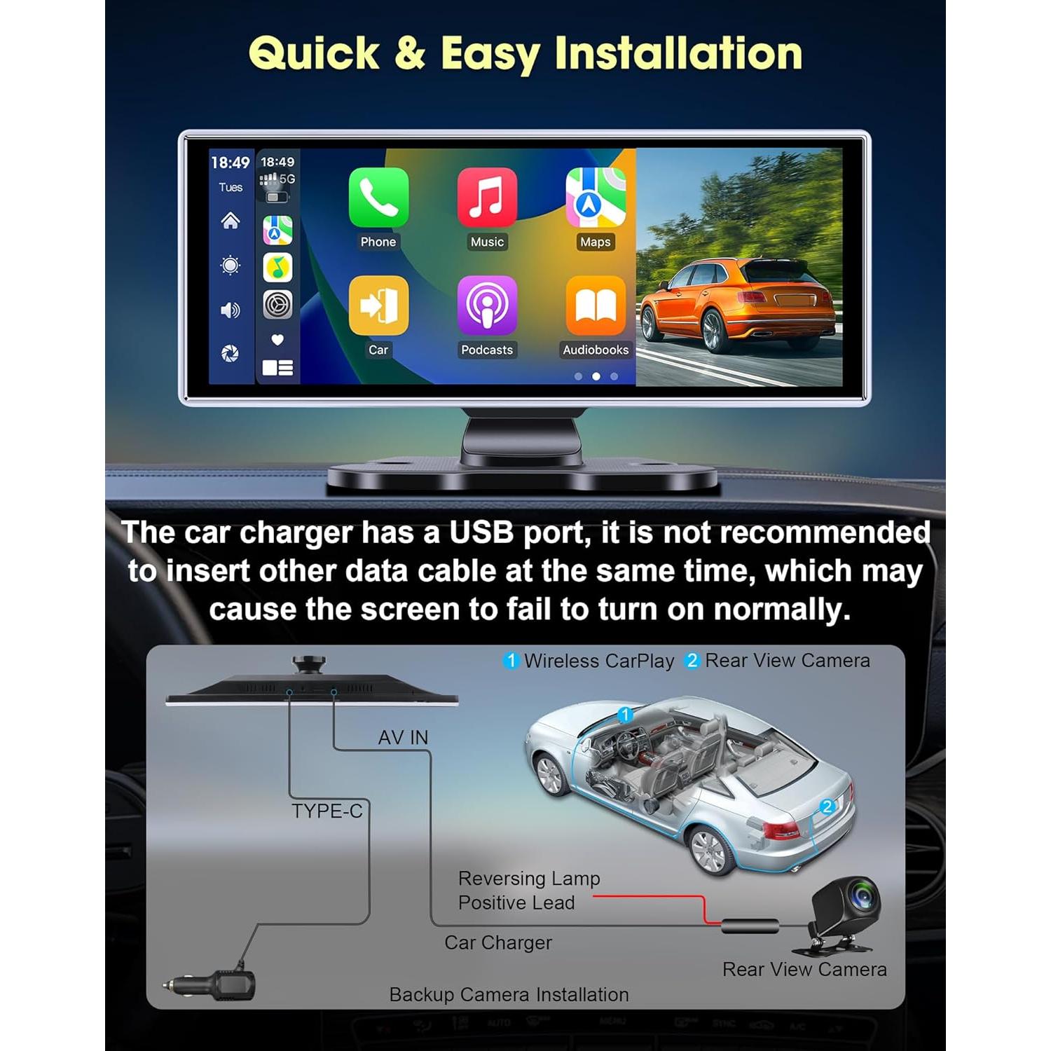Largest 11.26'' Apple Carplay Screen for Car w 2.5K Dash Cam 1080P Backup Camera Android Auto Screen Wireless Apple Car Play Screen for Navigation Voice Control Mirror Link Dual Bluetooth AUX FM