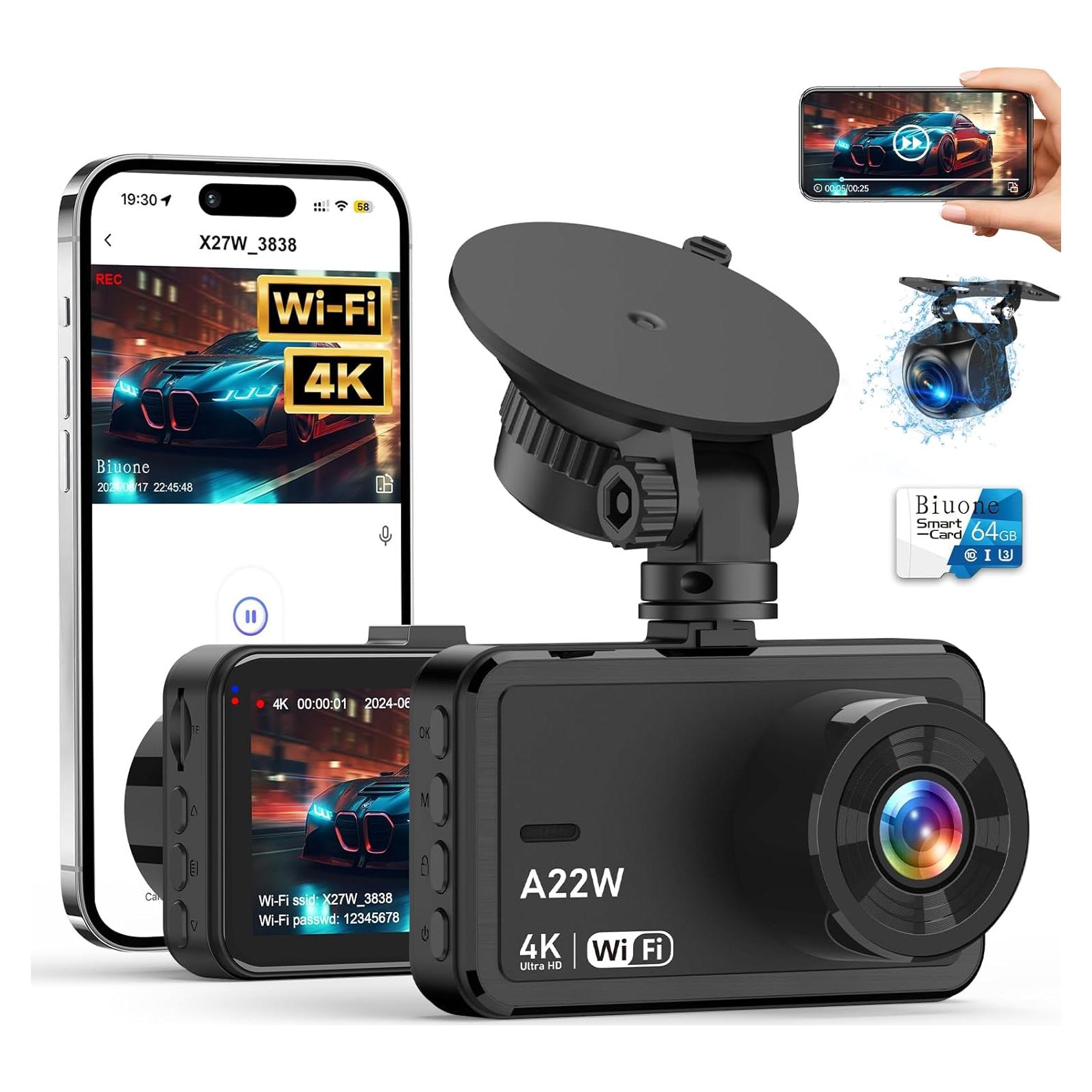 Cámara de tablero 4K WiFi Biuone con tarjeta 64GB y G-Sensor