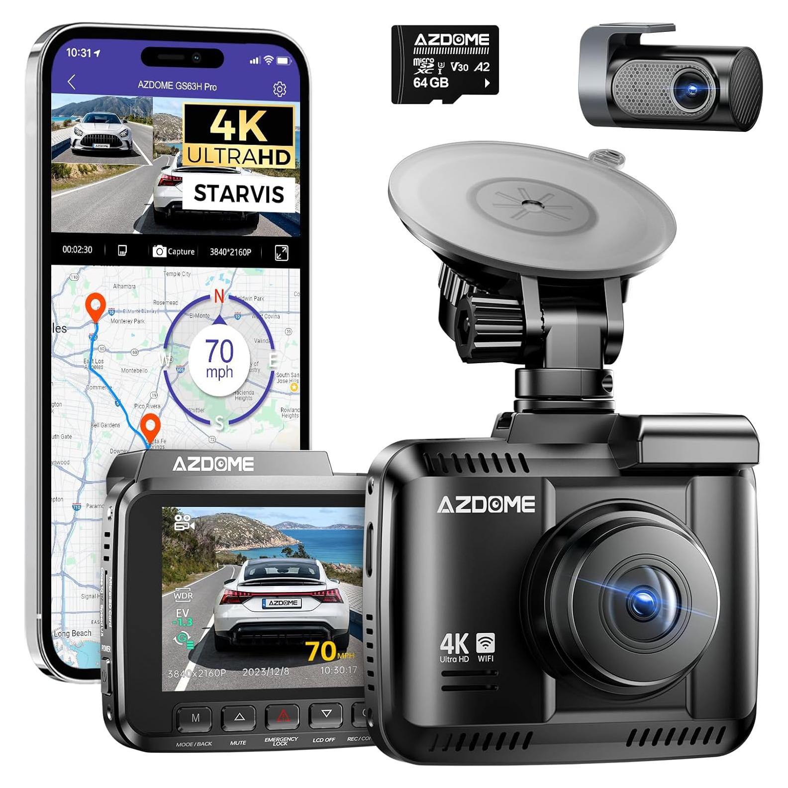 AZDOME 4K Dash Cam Front and Rear, STARVIS Night Vision, UHD 2160P WiFi Dash Camera for Cars with GPS, Included 64GB Card, 2.4" IPS Screen Dashcam, 170°Wide Angle, WDR, 24H Parking Mode (GS63H Pro)