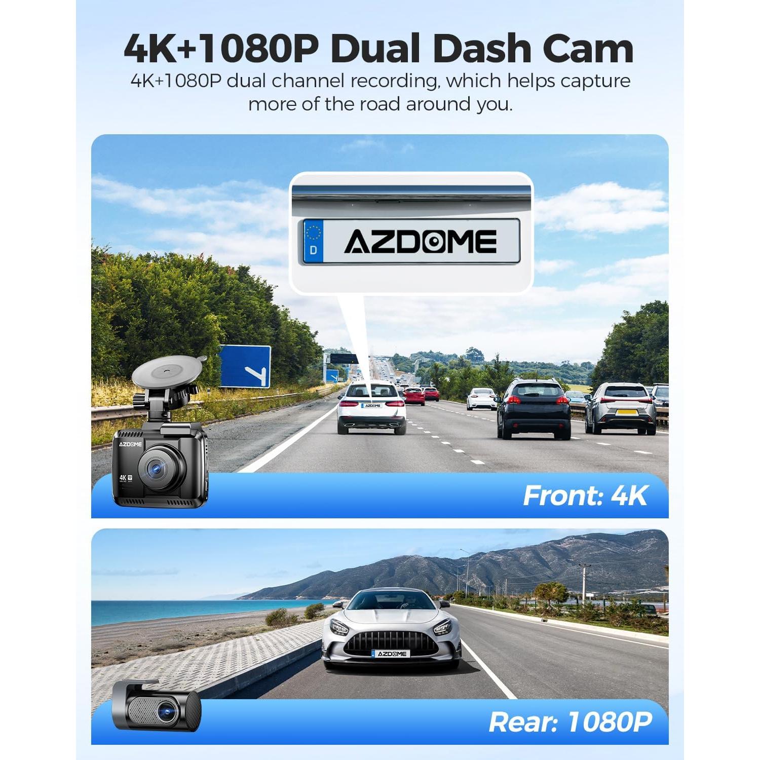 AZDOME 4K Dash Cam Front and Rear, STARVIS Night Vision, UHD 2160P WiFi Dash Camera for Cars with GPS, Included 64GB Card, 2.4" IPS Screen Dashcam, 170°Wide Angle, WDR, 24H Parking Mode (GS63H Pro)