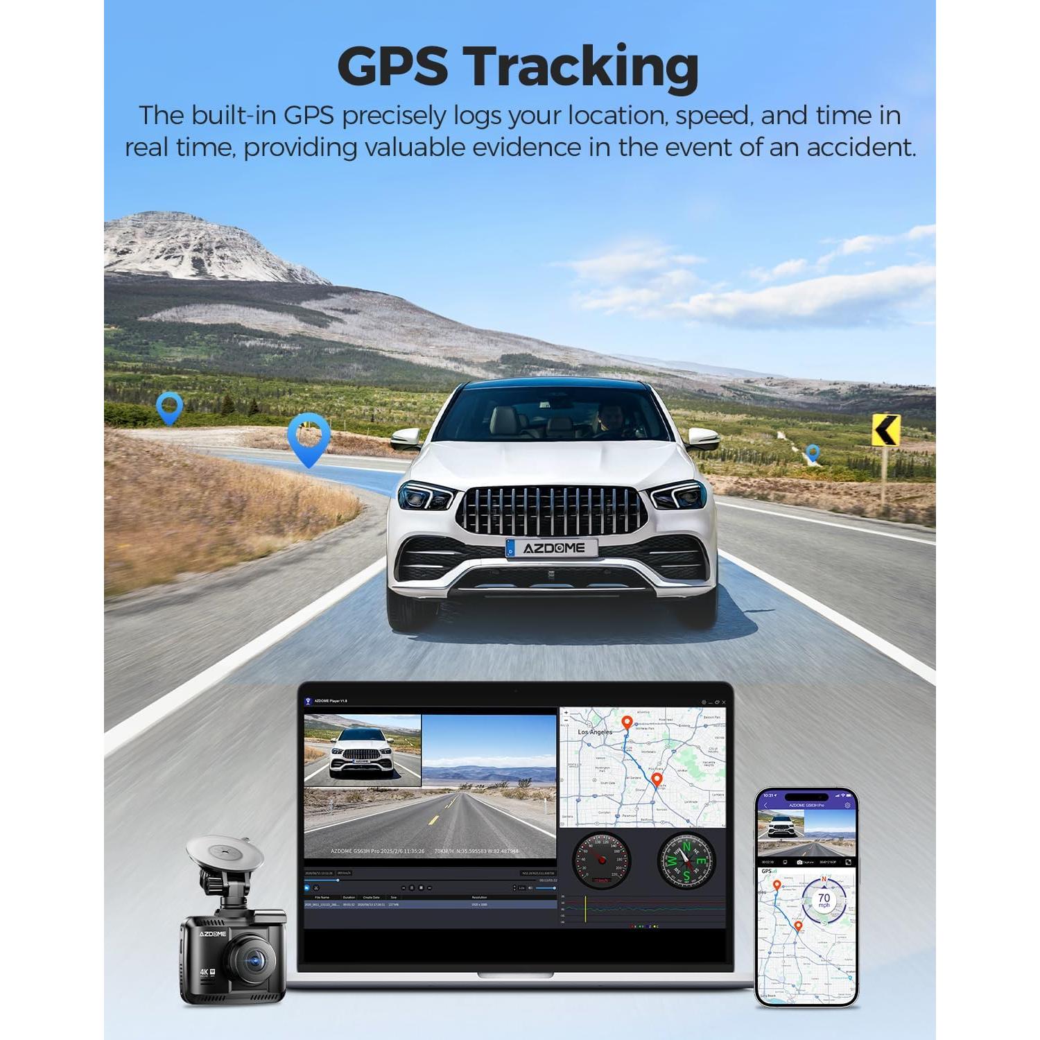 AZDOME 4K Dash Cam Front and Rear, STARVIS Night Vision, UHD 2160P WiFi Dash Camera for Cars with GPS, Included 64GB Card, 2.4" IPS Screen Dashcam, 170°Wide Angle, WDR, 24H Parking Mode (GS63H Pro)