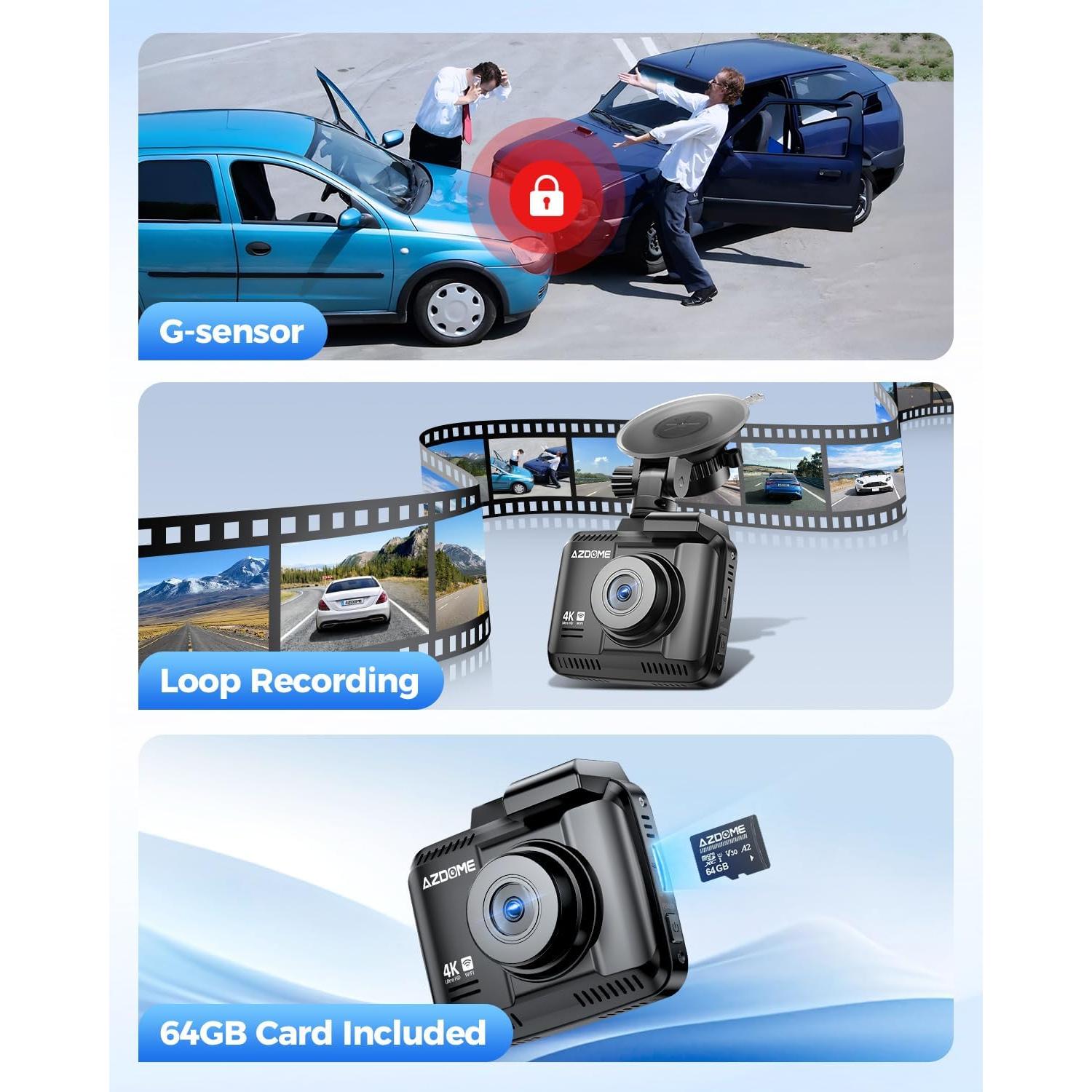 AZDOME 4K Dash Cam Front and Rear, STARVIS Night Vision, UHD 2160P WiFi Dash Camera for Cars with GPS, Included 64GB Card, 2.4" IPS Screen Dashcam, 170°Wide Angle, WDR, 24H Parking Mode (GS63H Pro)