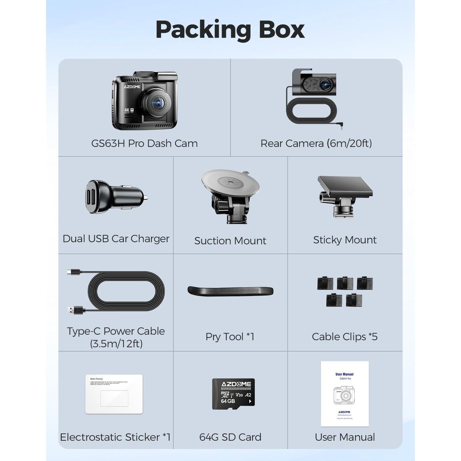 AZDOME 4K Dash Cam Front and Rear, STARVIS Night Vision, UHD 2160P WiFi Dash Camera for Cars with GPS, Included 64GB Card, 2.4" IPS Screen Dashcam, 170°Wide Angle, WDR, 24H Parking Mode (GS63H Pro)