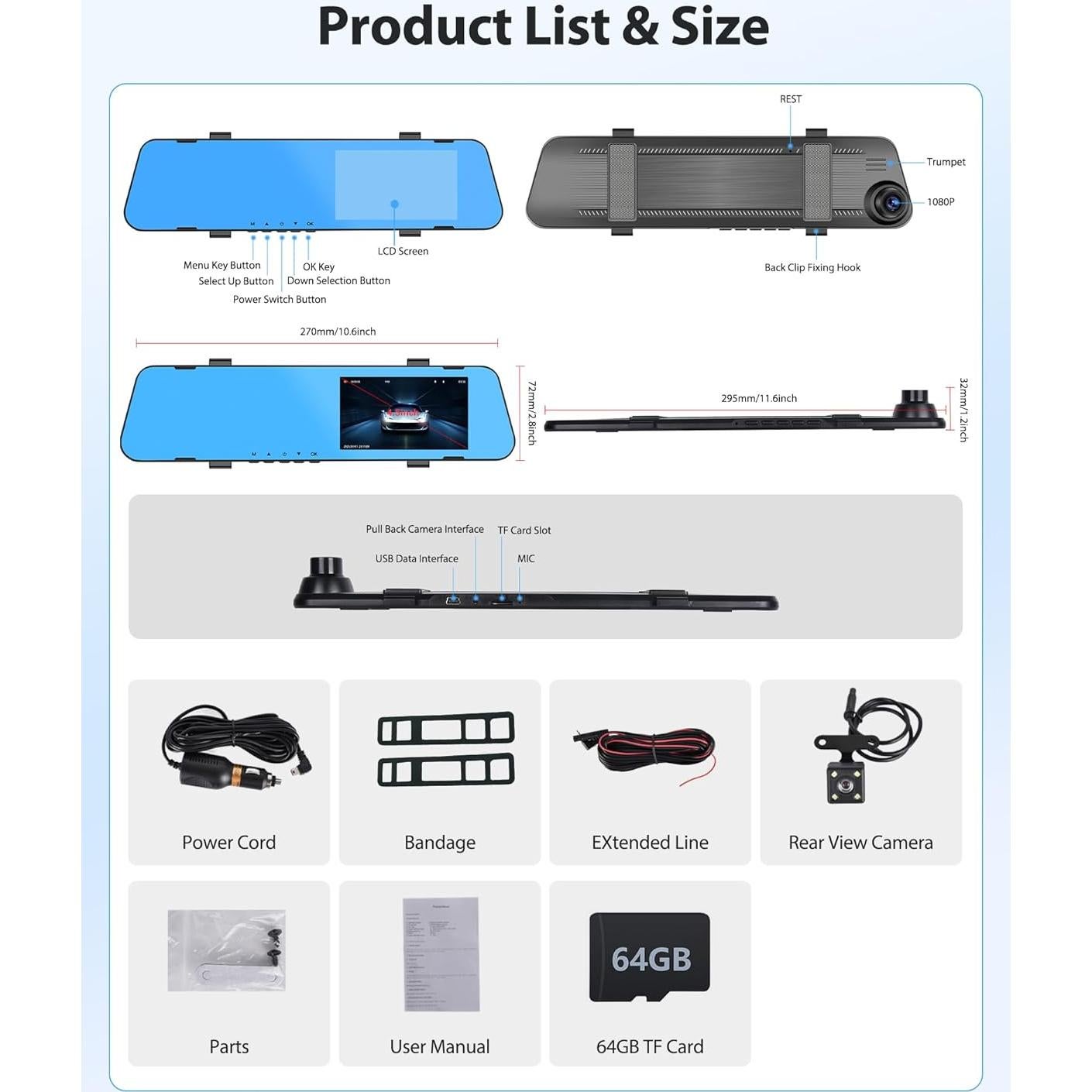 Cámara Dash Cam DVR Motorsi Espejo Retrovisor 1080P Doble