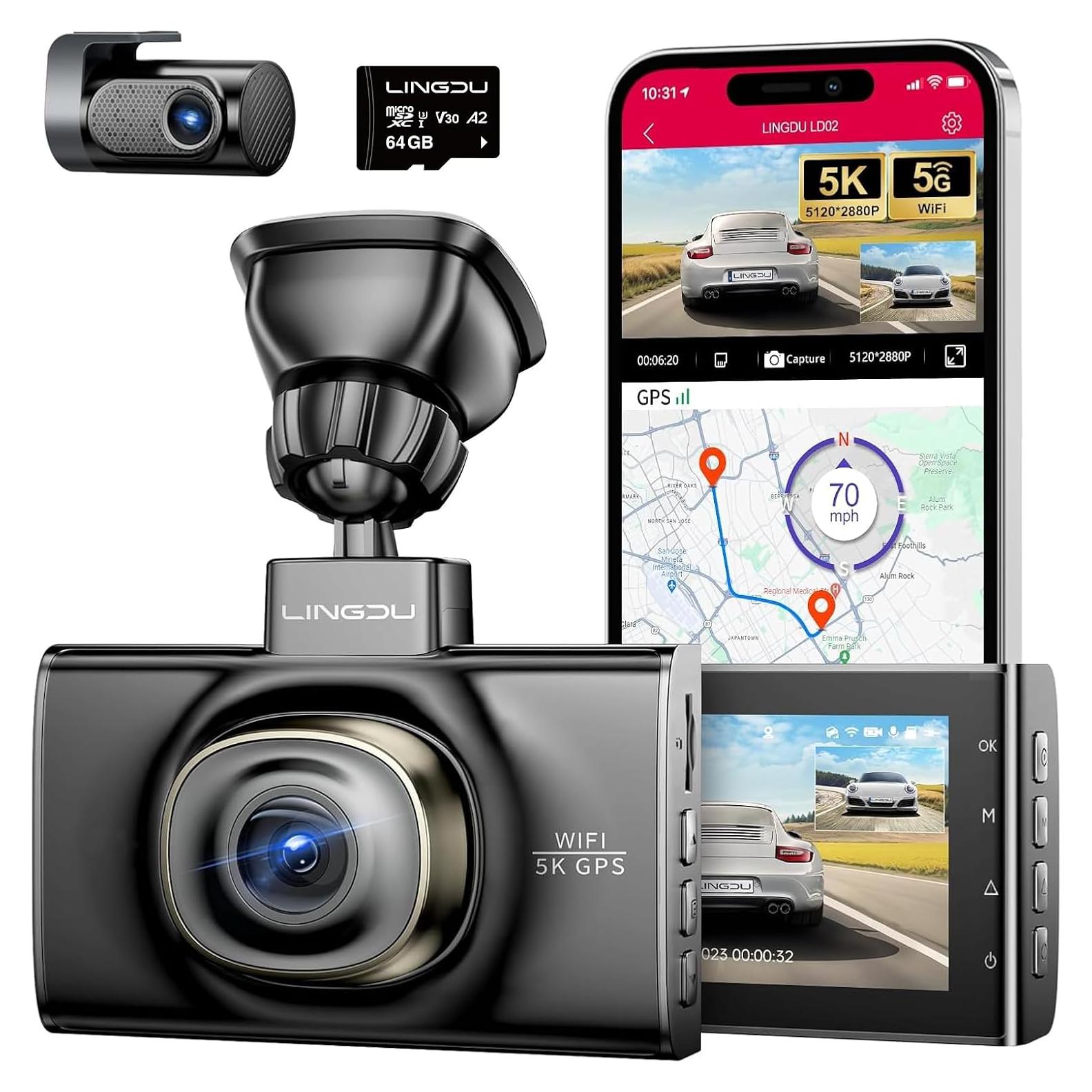LD02 5K On Dash Cam 5G WiFi with Free 64GB Card, 4K+2K Front and Rear Dual Dashcam 170° WDR IR Night Vision, 24H Parking Mode G-Sensor 3" Build-in GPS, Max Up Support to 128GB, Easy to Install