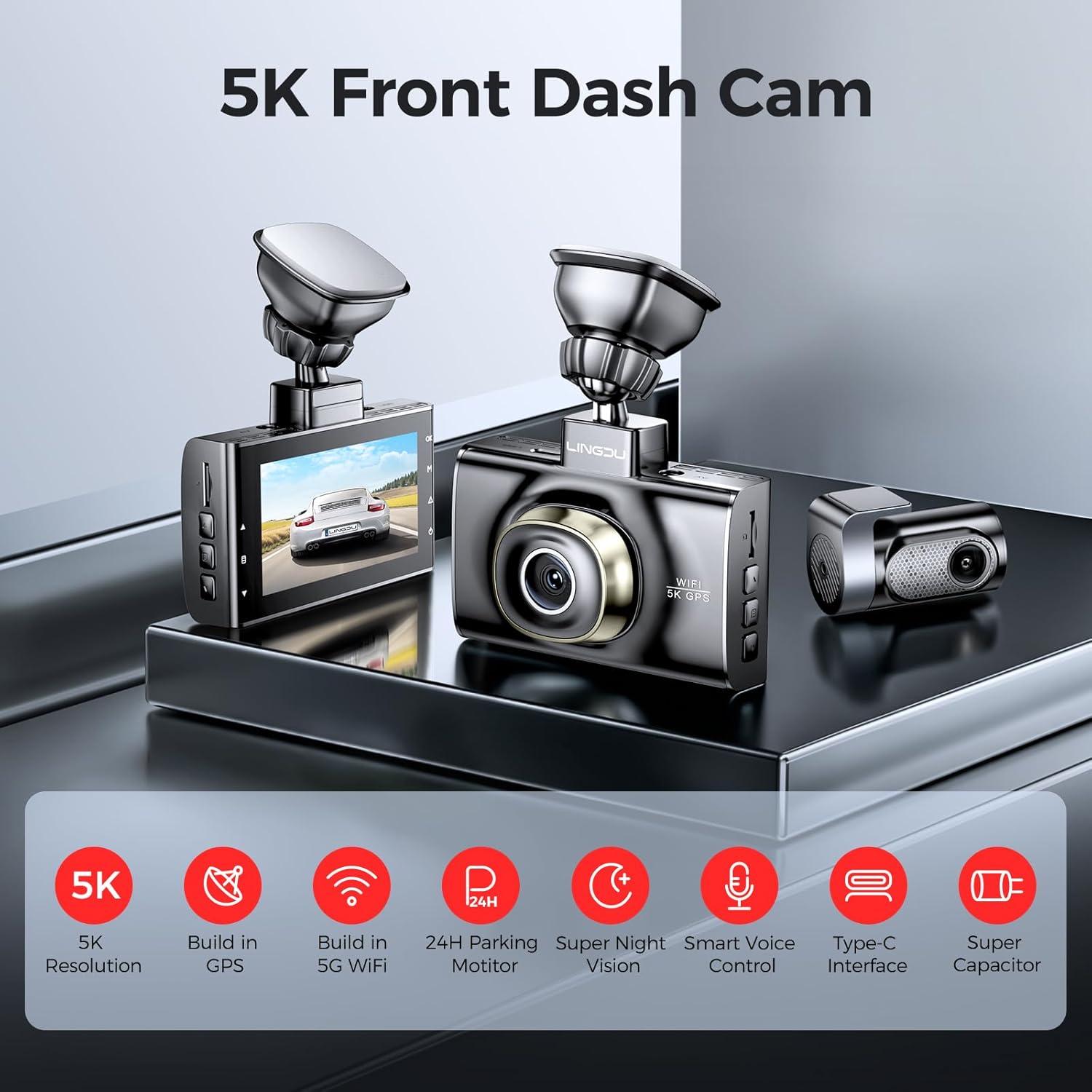 LD02 5K On Dash Cam 5G WiFi with Free 64GB Card, 4K+2K Front and Rear Dual Dashcam 170° WDR IR Night Vision, 24H Parking Mode G-Sensor 3" Build-in GPS, Max Up Support to 128GB, Easy to Install