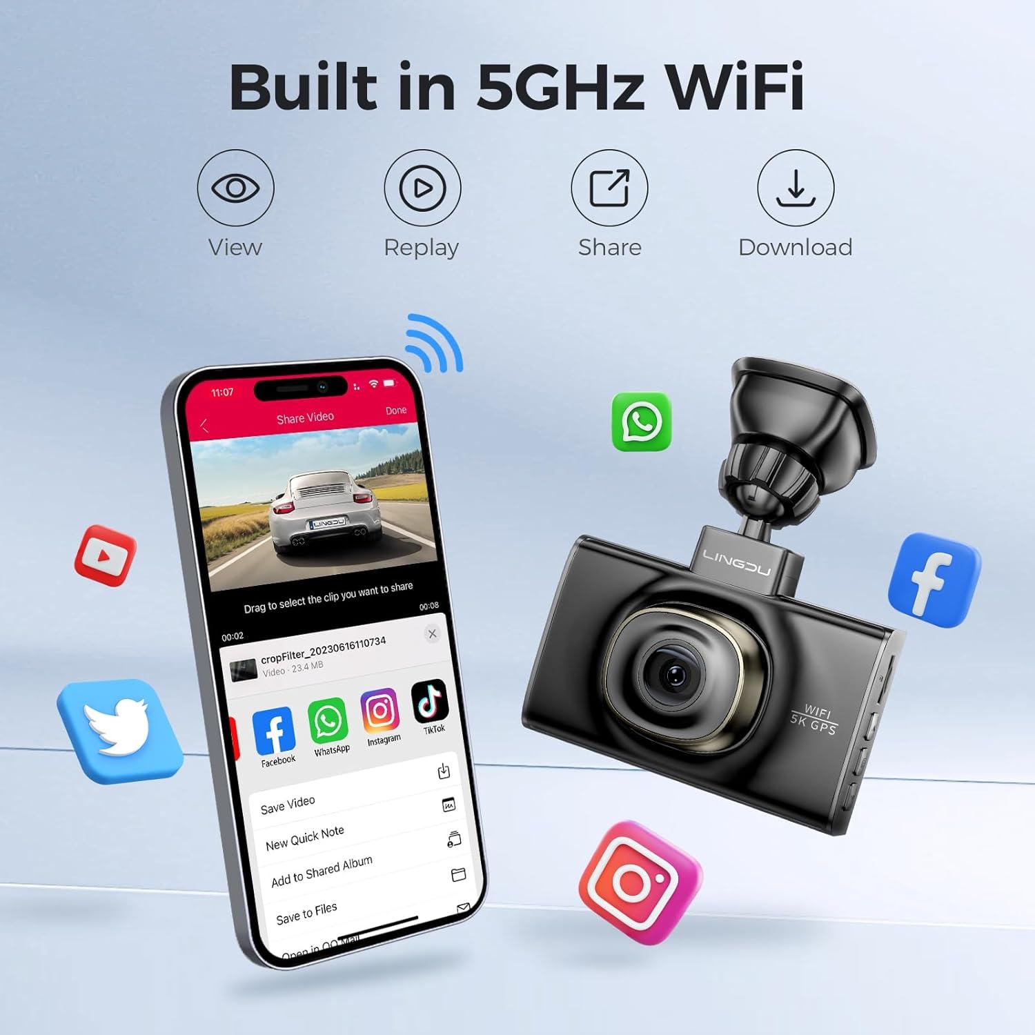 LD02 5K On Dash Cam 5G WiFi with Free 64GB Card, 4K+2K Front and Rear Dual Dashcam 170° WDR IR Night Vision, 24H Parking Mode G-Sensor 3" Build-in GPS, Max Up Support to 128GB, Easy to Install