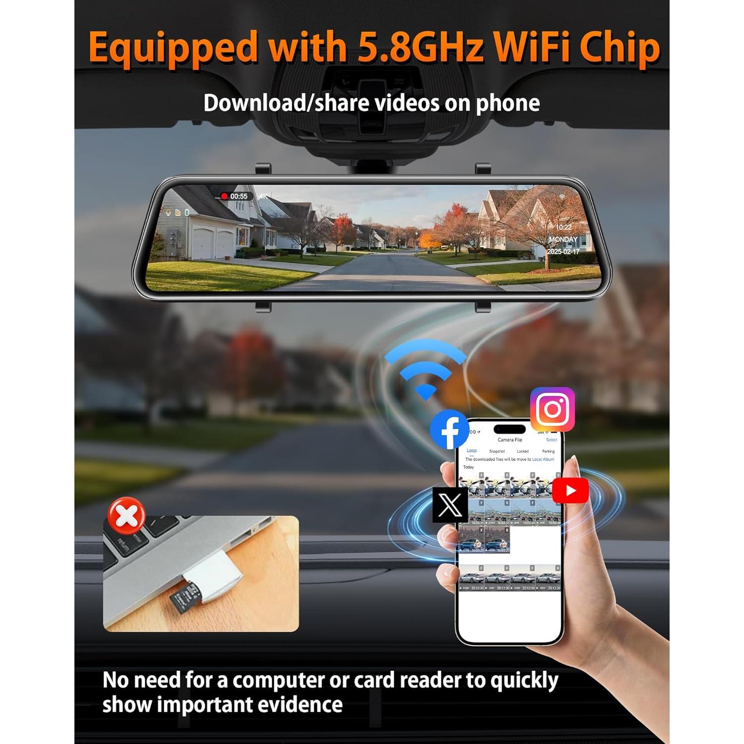 Cámara de Espejo Retrovisor Jelkuz 12" 4K WiFi con GPS