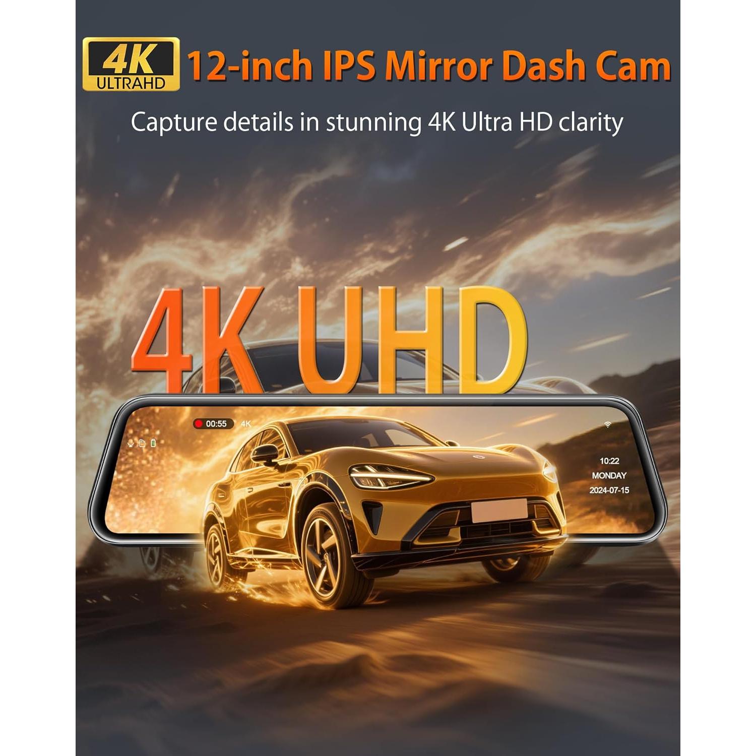 Cámara de Espejo Retrovisor Jelkuz 12" 4K WiFi con GPS