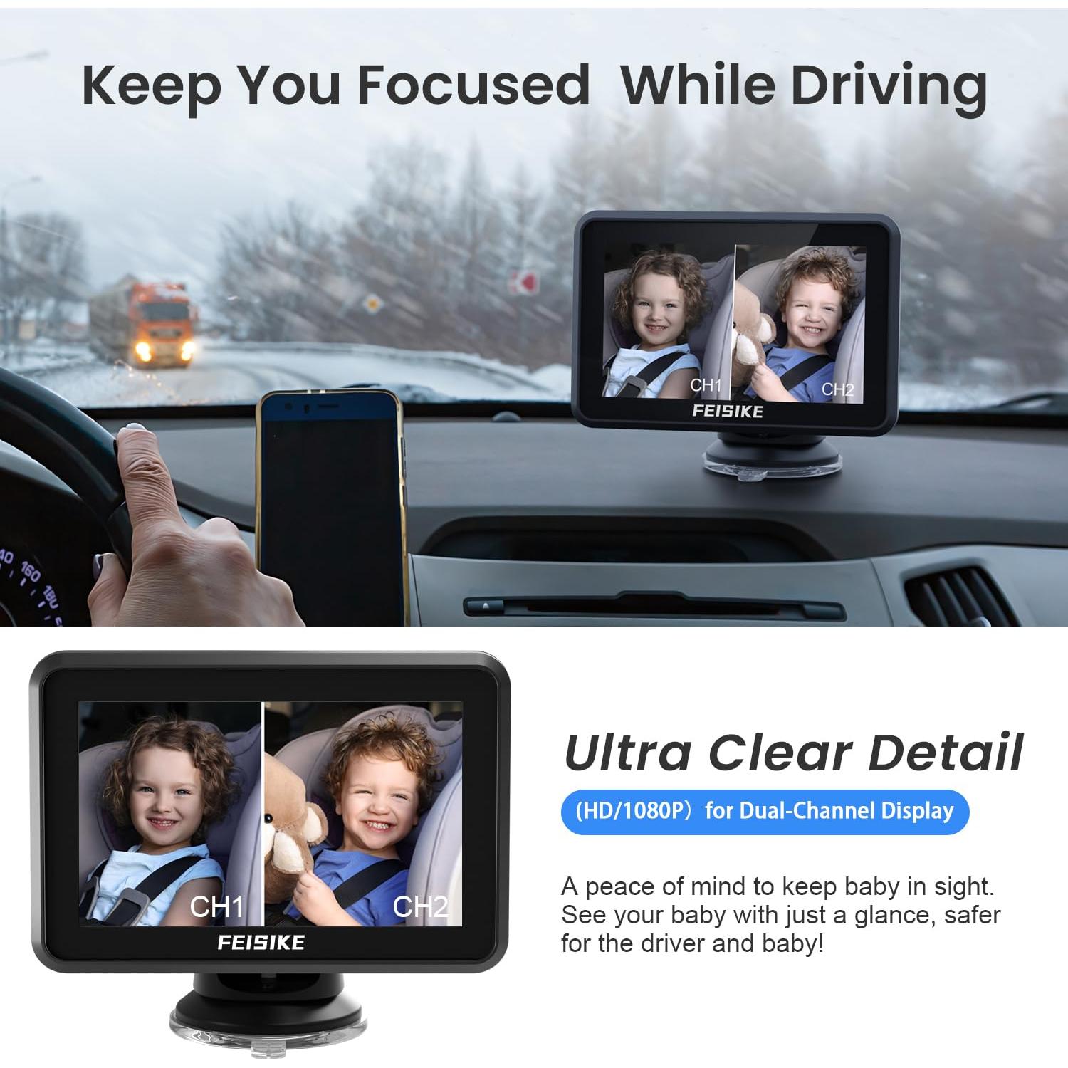 Cámara de Coche para Bebé FEISIKE 5" Doble Canal 1080P IR