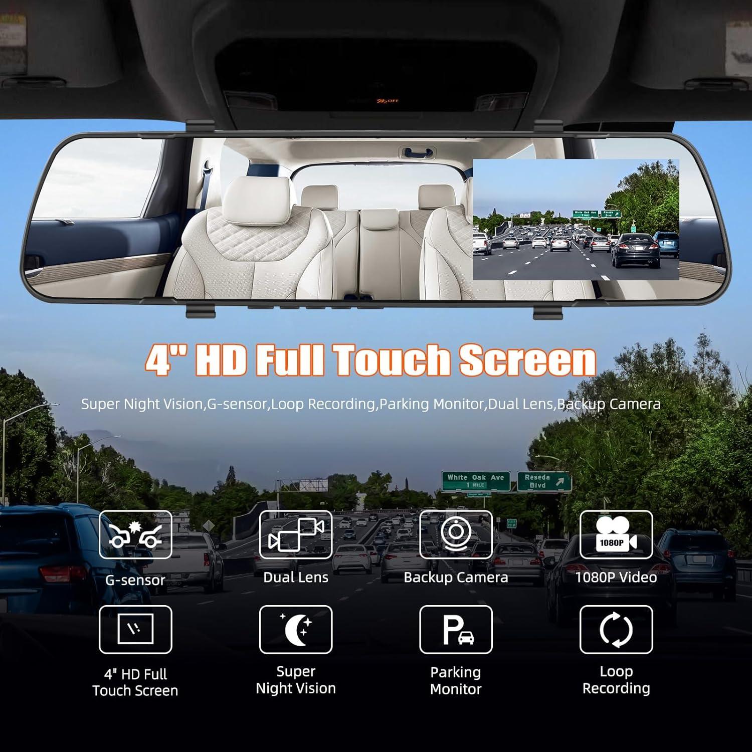 Cámara de tablero AMprime 1080P con espejo retrovisor 4"