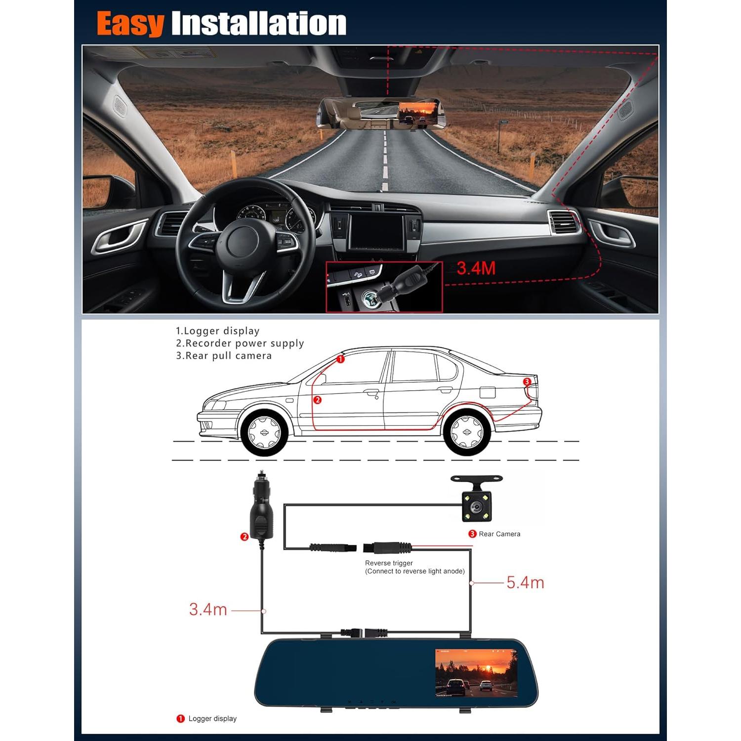 Cámara de tablero AMprime 1080P con espejo retrovisor 4"