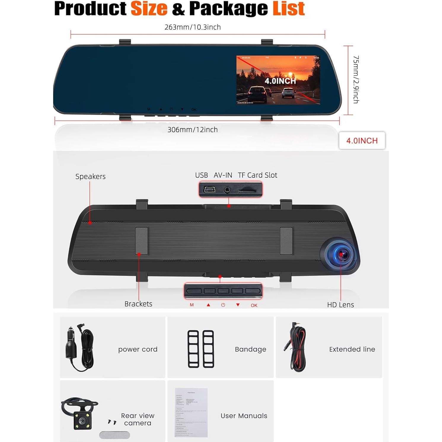 Cámara de tablero AMprime 1080P con espejo retrovisor 4"