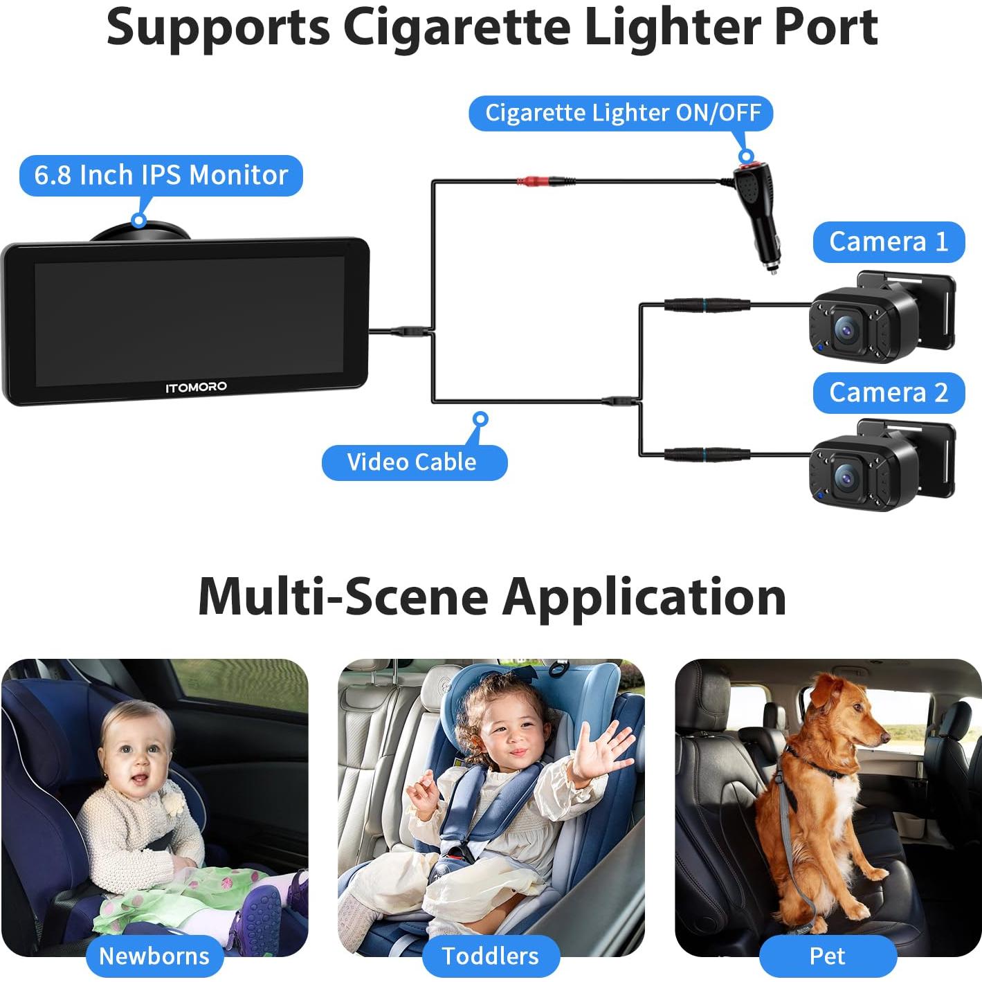 Cámara de Auto para Bebé Itomoro Doble Canal 6.8" HD 1080P