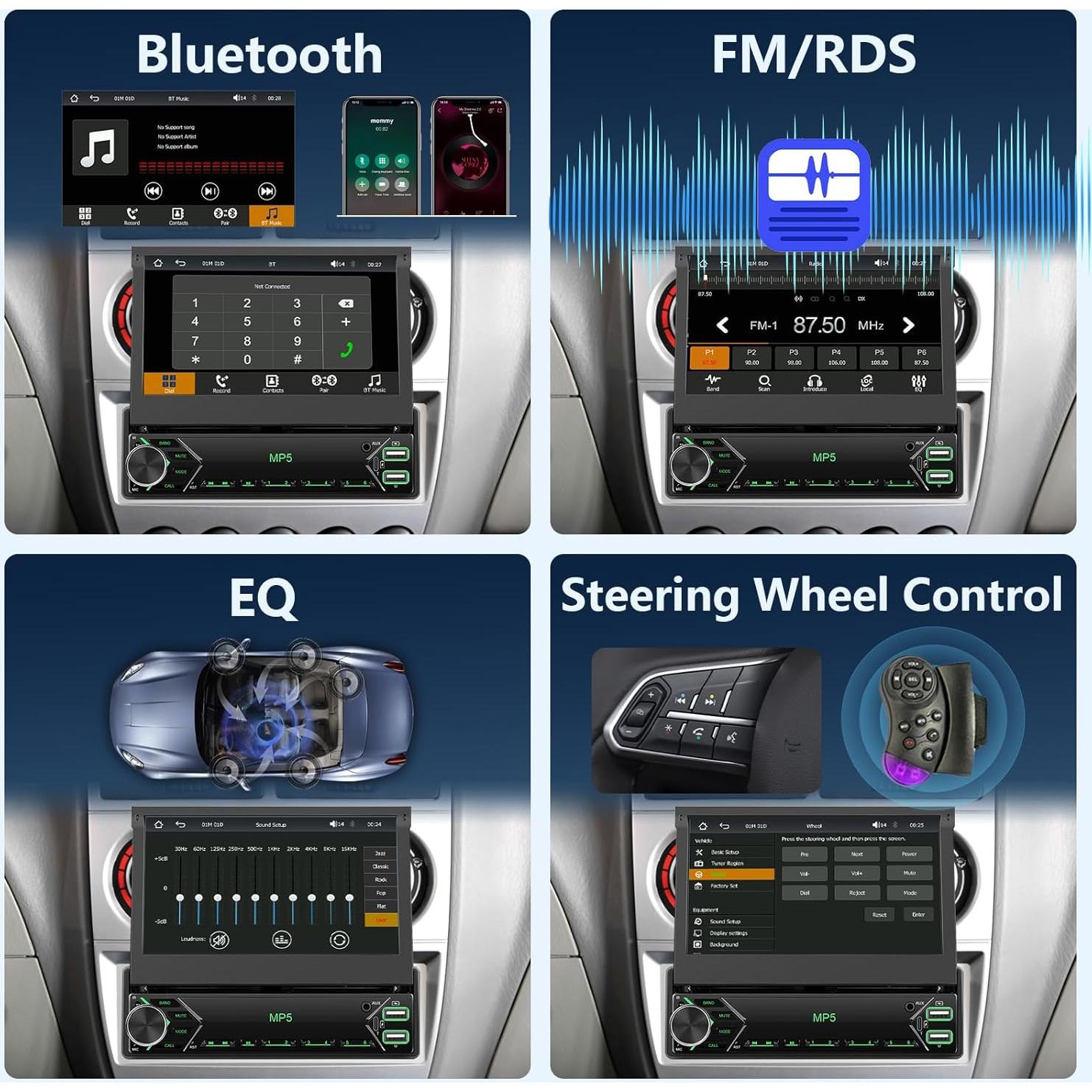 Estéreo de Coche Rimoody 1 Din 7" Bluetooth Carplay Android Auto