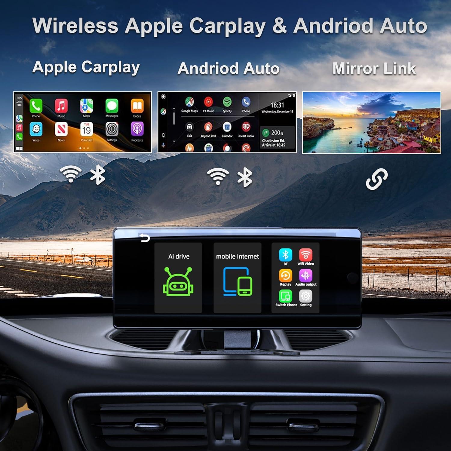 Wireless Carplay with 4K 4CH Dash Cam, Portable Carplay HD Touchscreen for Car, Carplay & Android Auto Car Radio w/DVR Recording, GPS Navigation/Mirror Link/Music Play - 10.36"