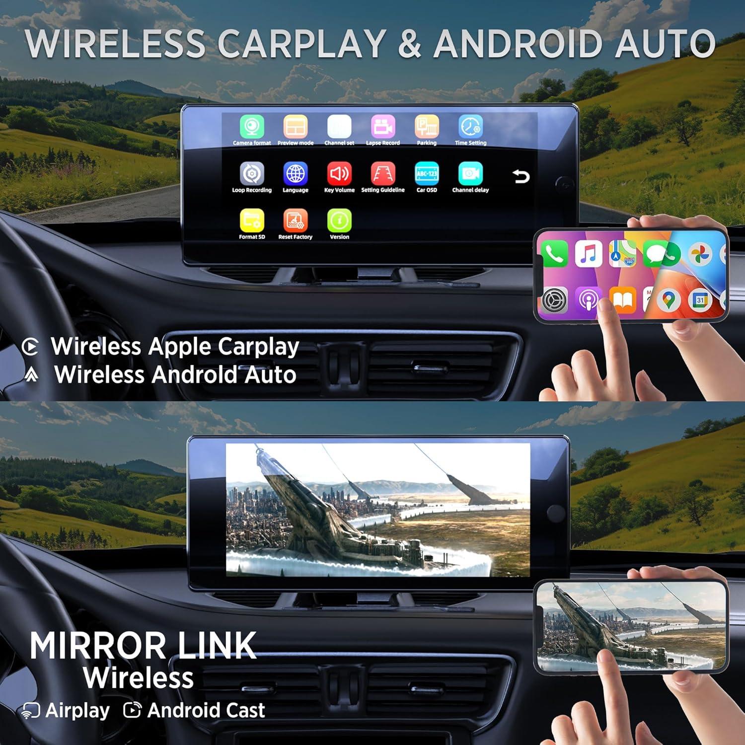 Wireless Carplay with 4K 4CH Dash Cam, Portable Carplay HD Touchscreen for Car, Carplay & Android Auto Car Radio w/DVR Recording, GPS Navigation/Mirror Link/Music Play - 10.36"