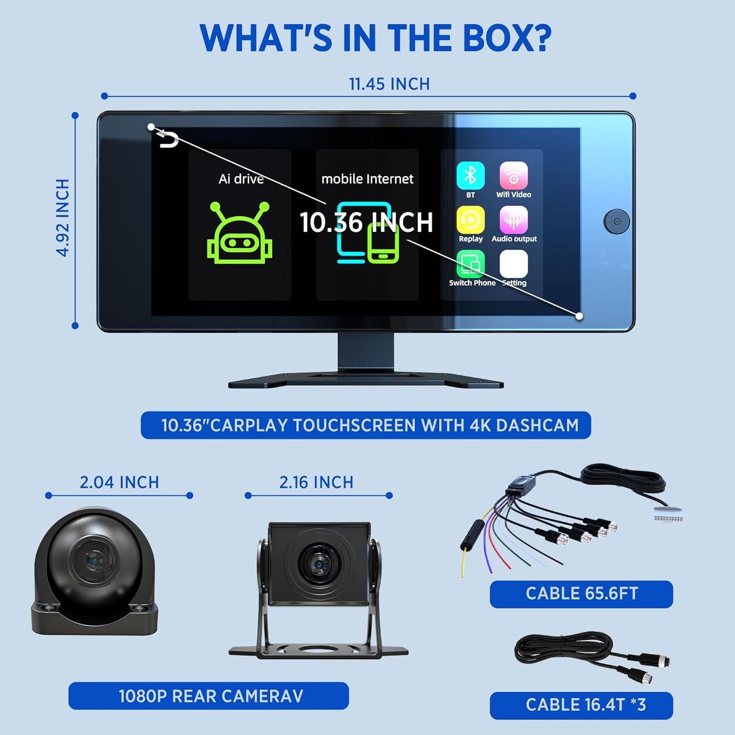 Wireless Carplay with 4K 4CH Dash Cam, Portable Carplay HD Touchscreen for Car, Carplay & Android Auto Car Radio w/DVR Recording, GPS Navigation/Mirror Link/Music Play - 10.36"