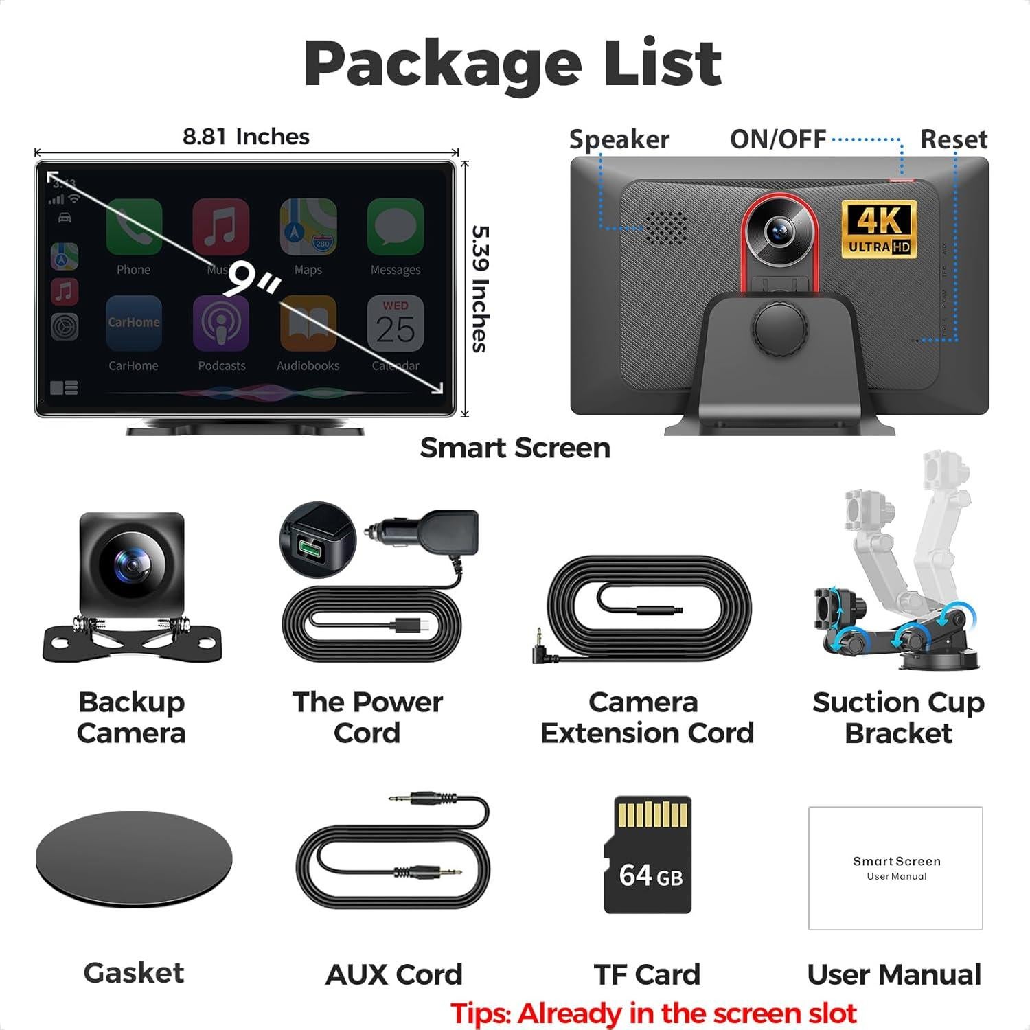 Pantalla 9" CarPlay Android Auto Jataza - Cámara 4K GPS