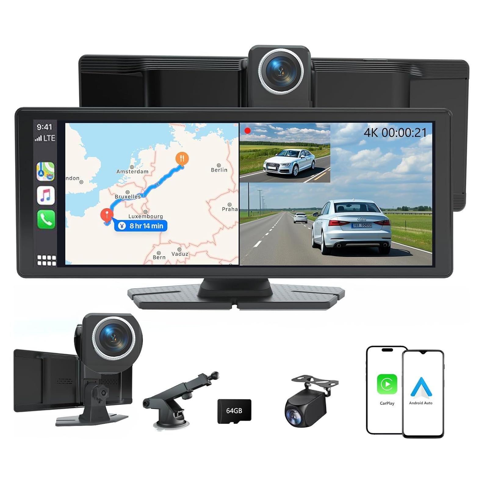 Pantalla CarPlay 10.26" ITDULCET HD Inalámbrica con Cámara 4K