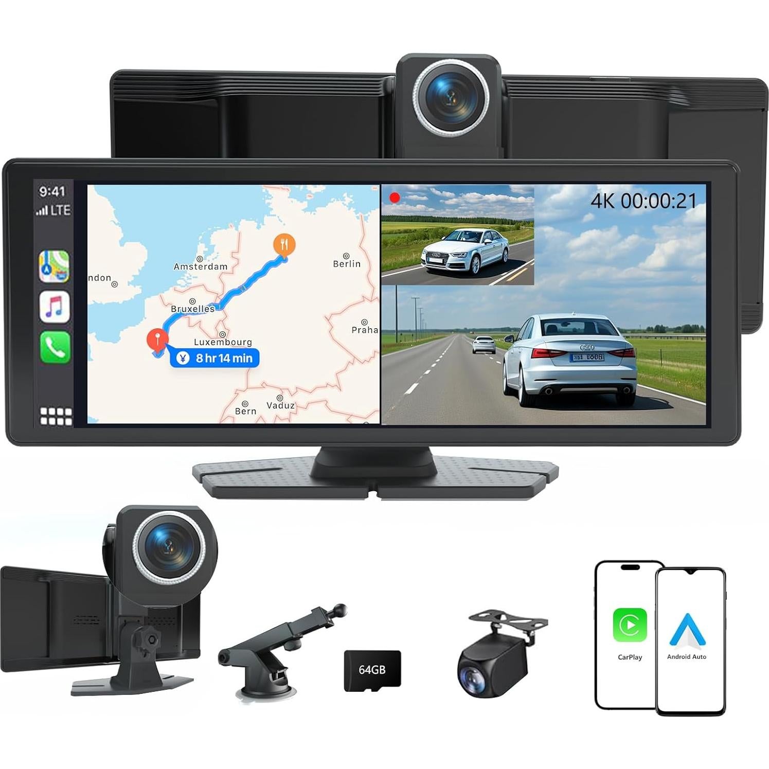 Pantalla CarPlay 10.26" ITDULCET HD Inalámbrica con Cámara 4K