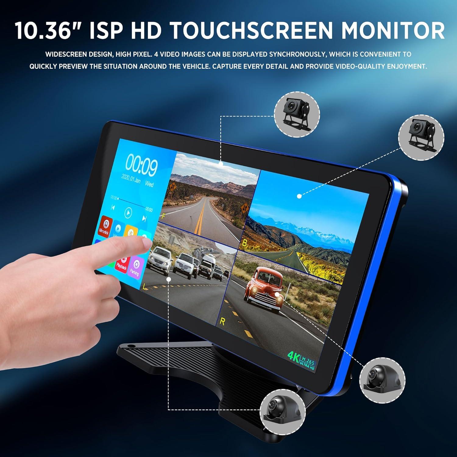 4K Backup Camera 4 Channel 360 Dash Cam with 10.36" Quad Split Touch Screen & 4 AHD Front Rear Sides View Camera w/DVR Recording Music Video Playback Avoid Blind for RV Semi Trailer Truck Van