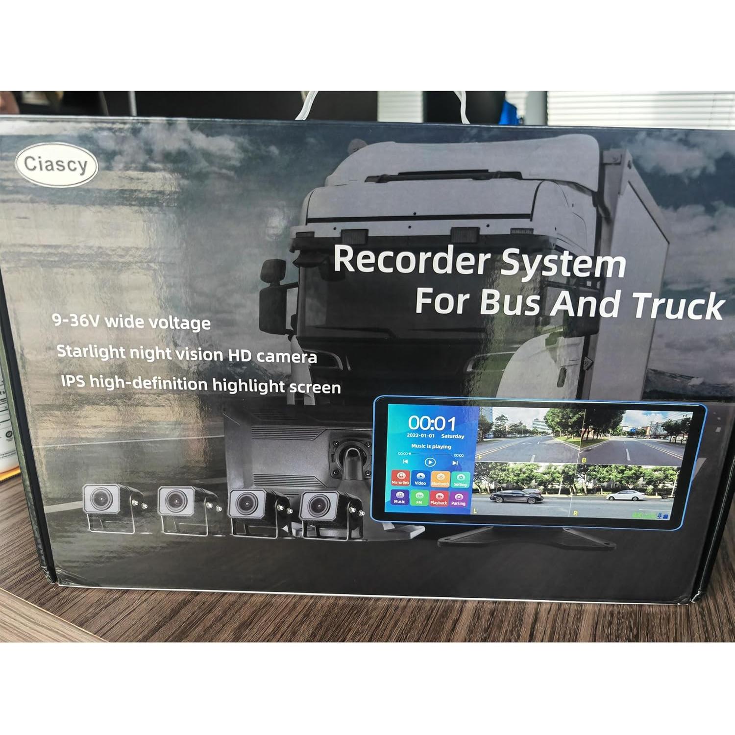 4K Backup Camera 4 Channel 360 Dash Cam with 10.36" Quad Split Touch Screen & 4 AHD Front Rear Sides View Camera w/DVR Recording Music Video Playback Avoid Blind for RV Semi Trailer Truck Van