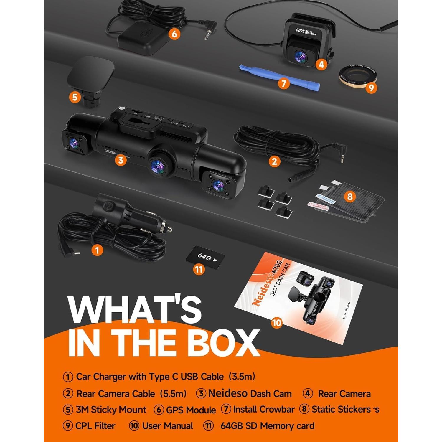 Cámara Dash 360° Neideso N700 4 Canales 4K+1080P GPS Wi-Fi