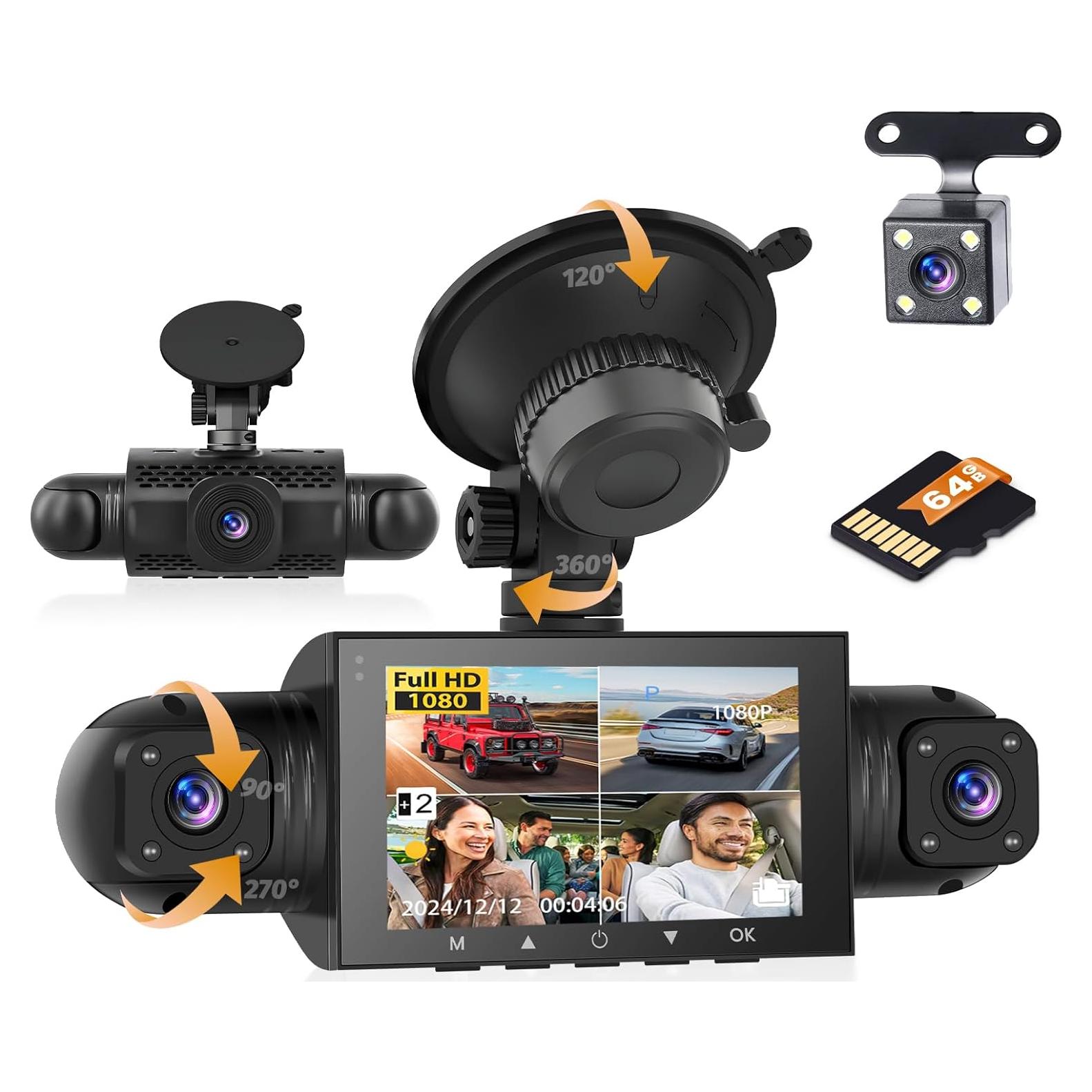 Hikity 360° Dash Cam for car, 4 Channel Front Rear Inside 1080P Camera with 64G Card, DVR Camera Car Recorder with 8 IR Night Vision, Loop Recording, G-Sensor, 24H Parking Monitor